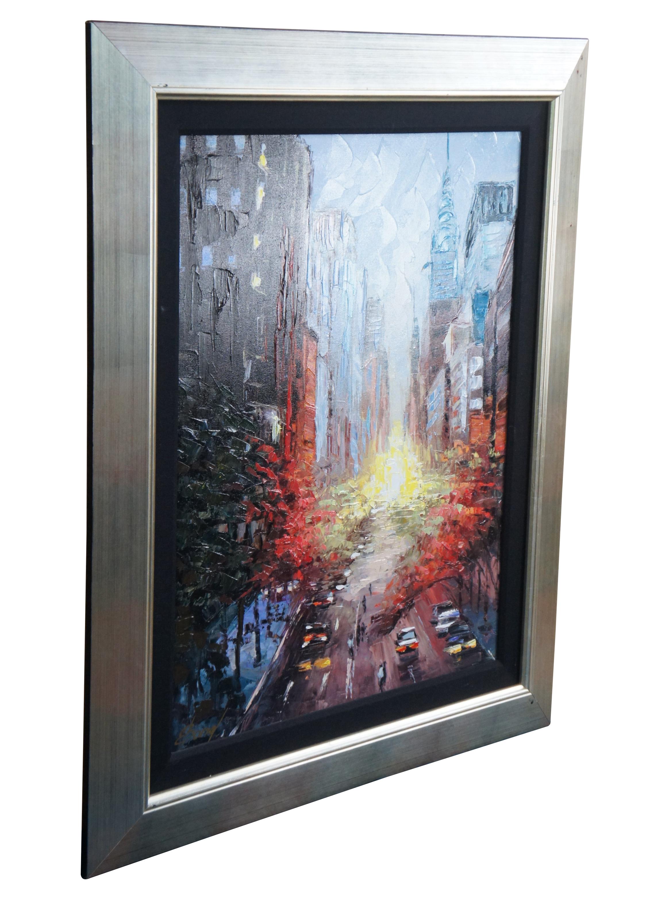 Large and impressive acrylic giclee on canvas by Elena Bond featuring an impressionist cityscape street scene of the sunset in New York. Purchased from Wentworth Gallery in Boca Raton.

Elena Bond was born in the beautiful old city of Samara,
