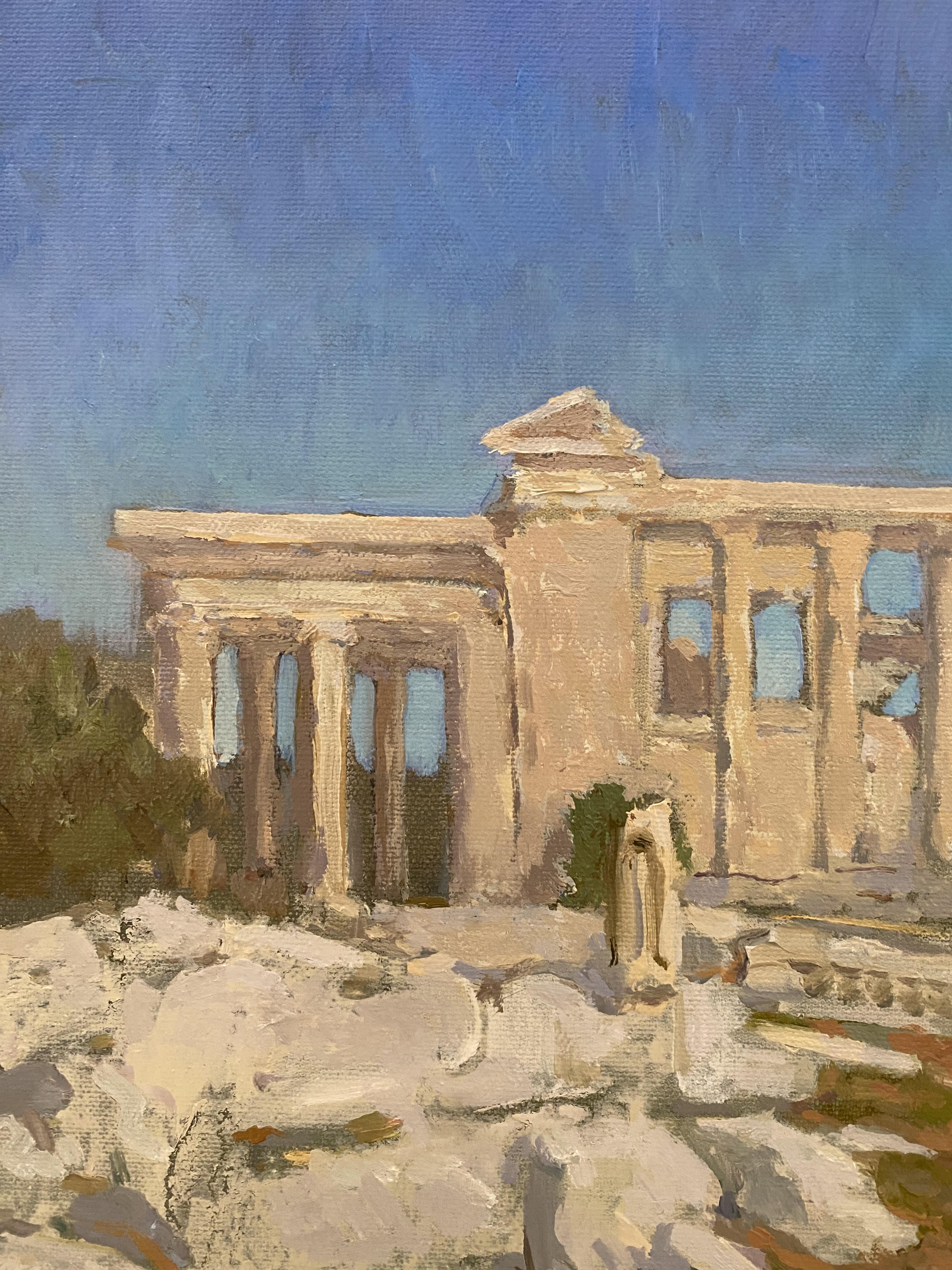 Dieses Ölgemälde fängt die zeitlose Essenz von Athen ein, inspiriert von einer Reise nach Griechenland. Das warme Sonnenlicht durchflutet die alten Ruinen und wirft weiche Schatten auf die sonnengebleichten Steine, während sich der blaue Himmel