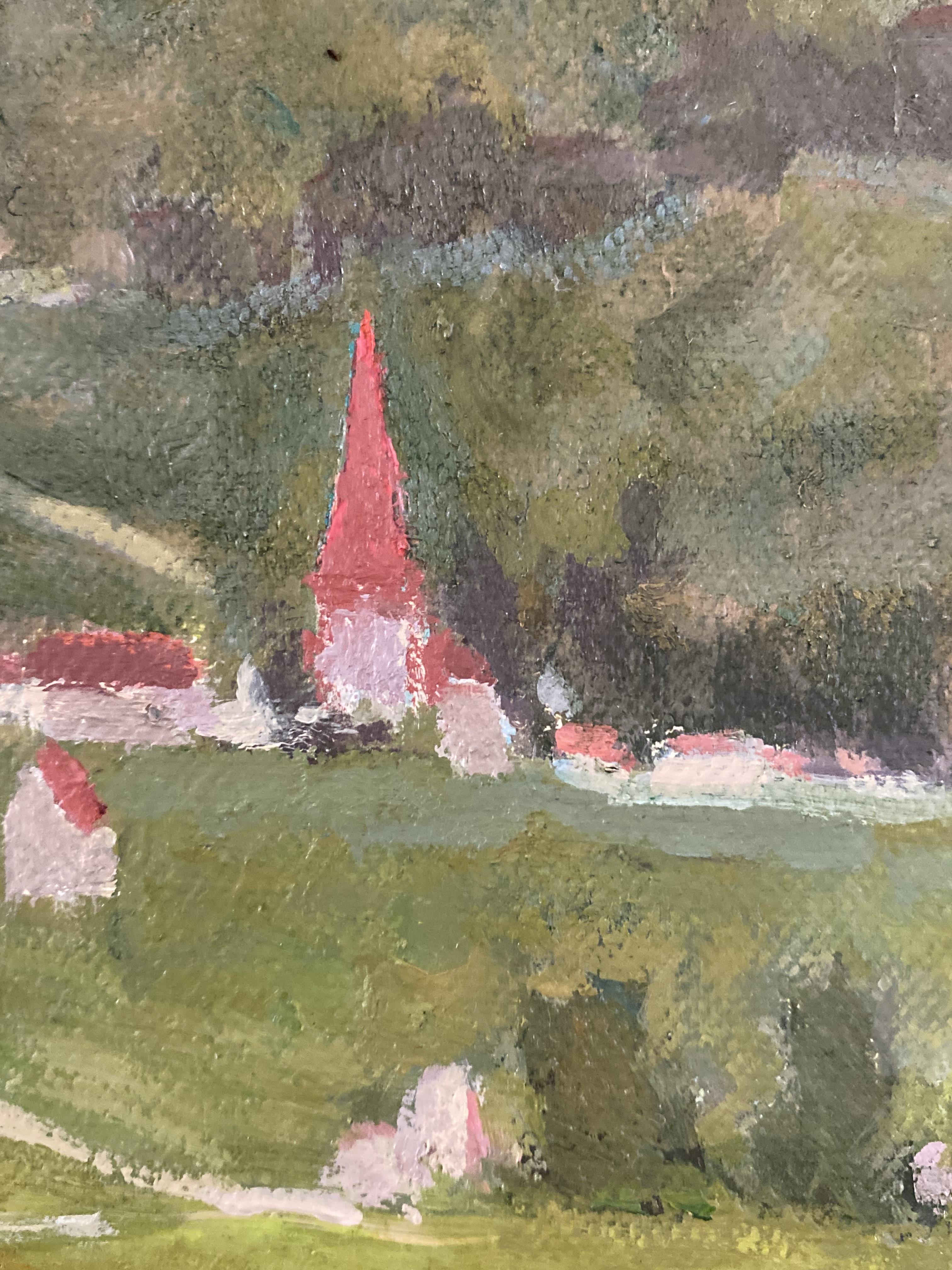 Après-midi en Gruyère, paysage français huile originale sur toile fine art - Marron Landscape Painting par Elena Bulatova