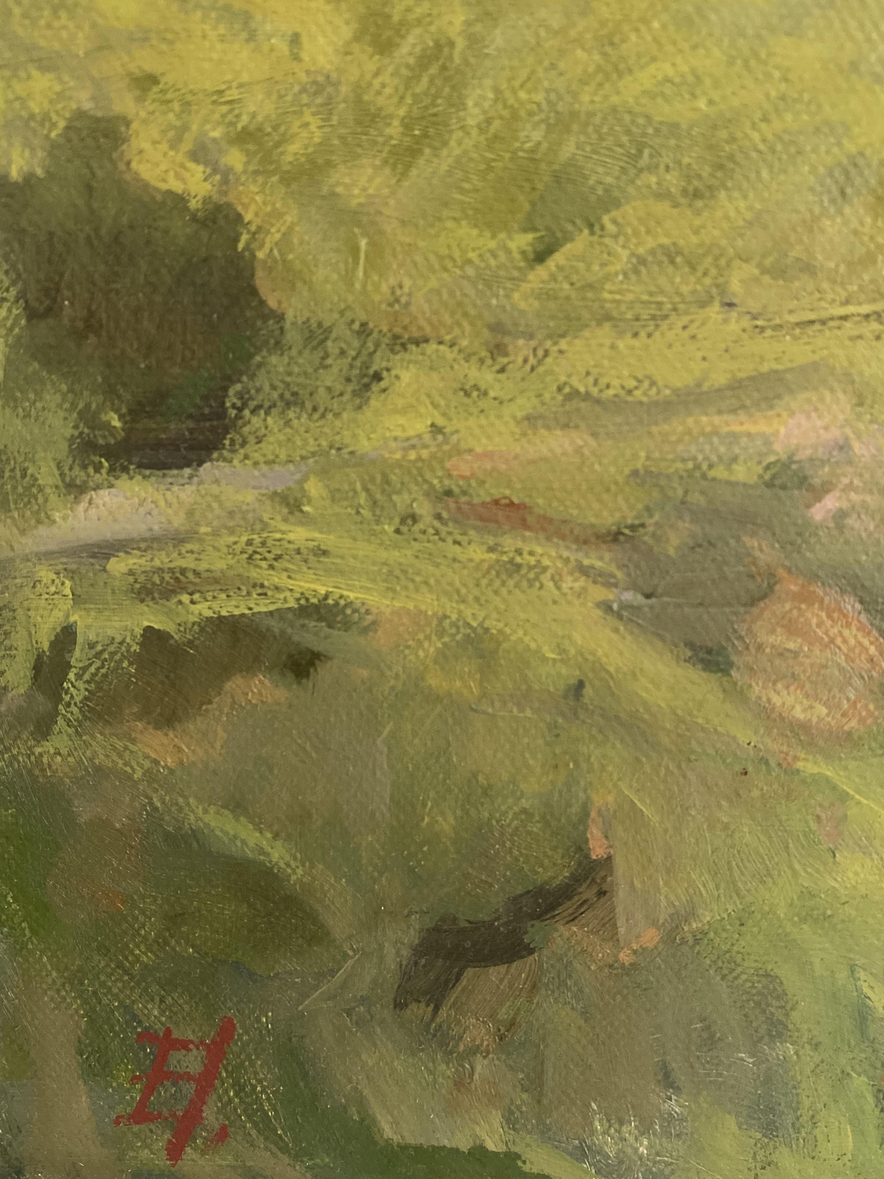 Cette peinture à l'huile en plein air capture la beauté sereine des collines verdoyantes près de Hille, en Suisse - une région connue non seulement pour son fromage de renommée mondiale, mais aussi pour sa campagne idyllique. Le chemin sinueux