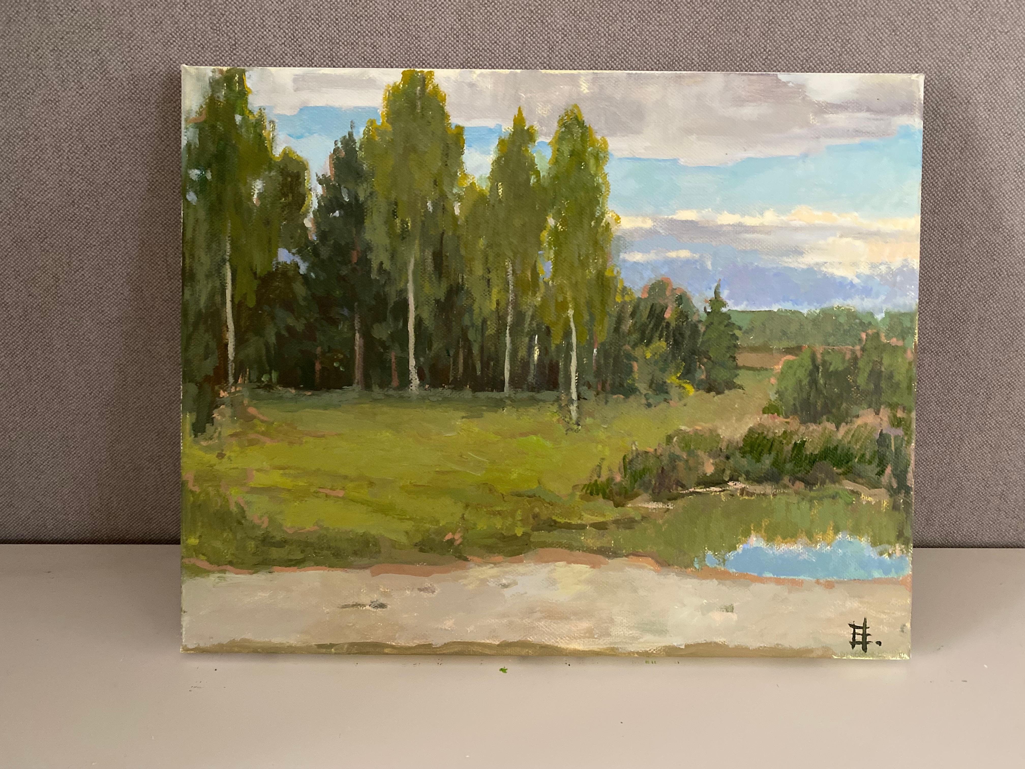Birch Grove Landscape. Oil painting Impressionism original artwork green nature - Painting by Elena Bulatova