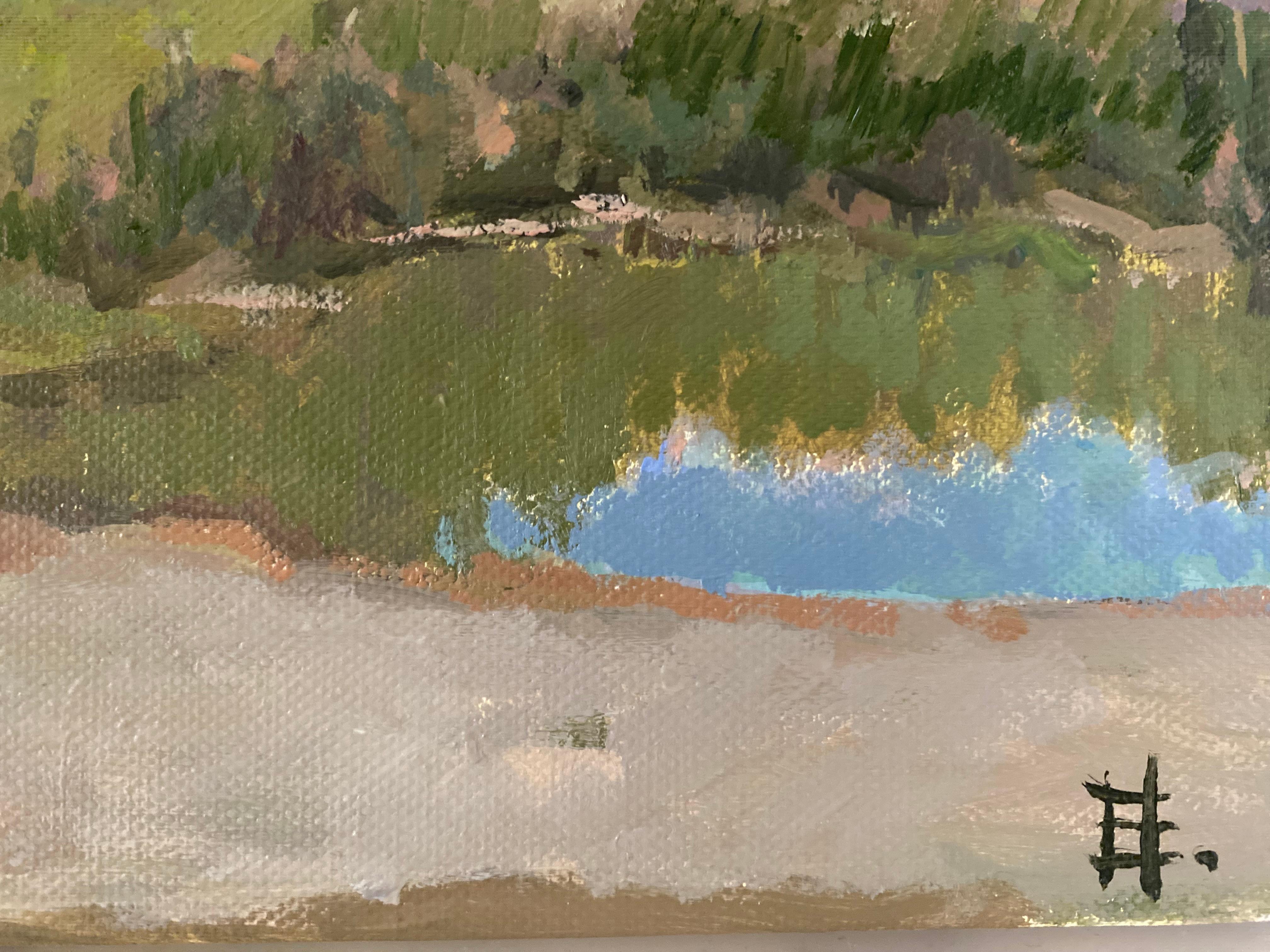 Birch Grove Landscape. Oil painting Impressionism original artwork green nature - Brown Landscape Painting by Elena Bulatova