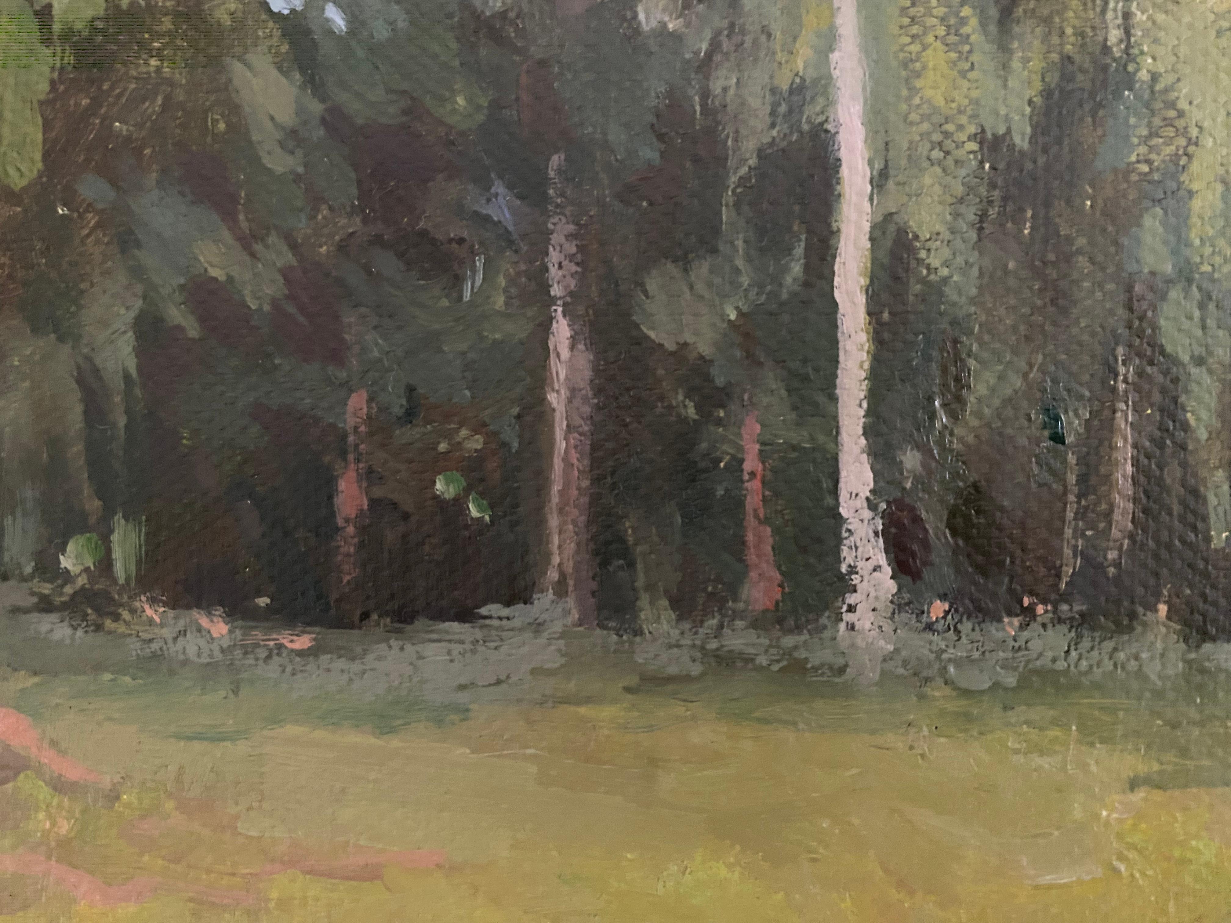 Birch Grove Landscape. Oil painting Impressionism original artwork green nature For Sale 1