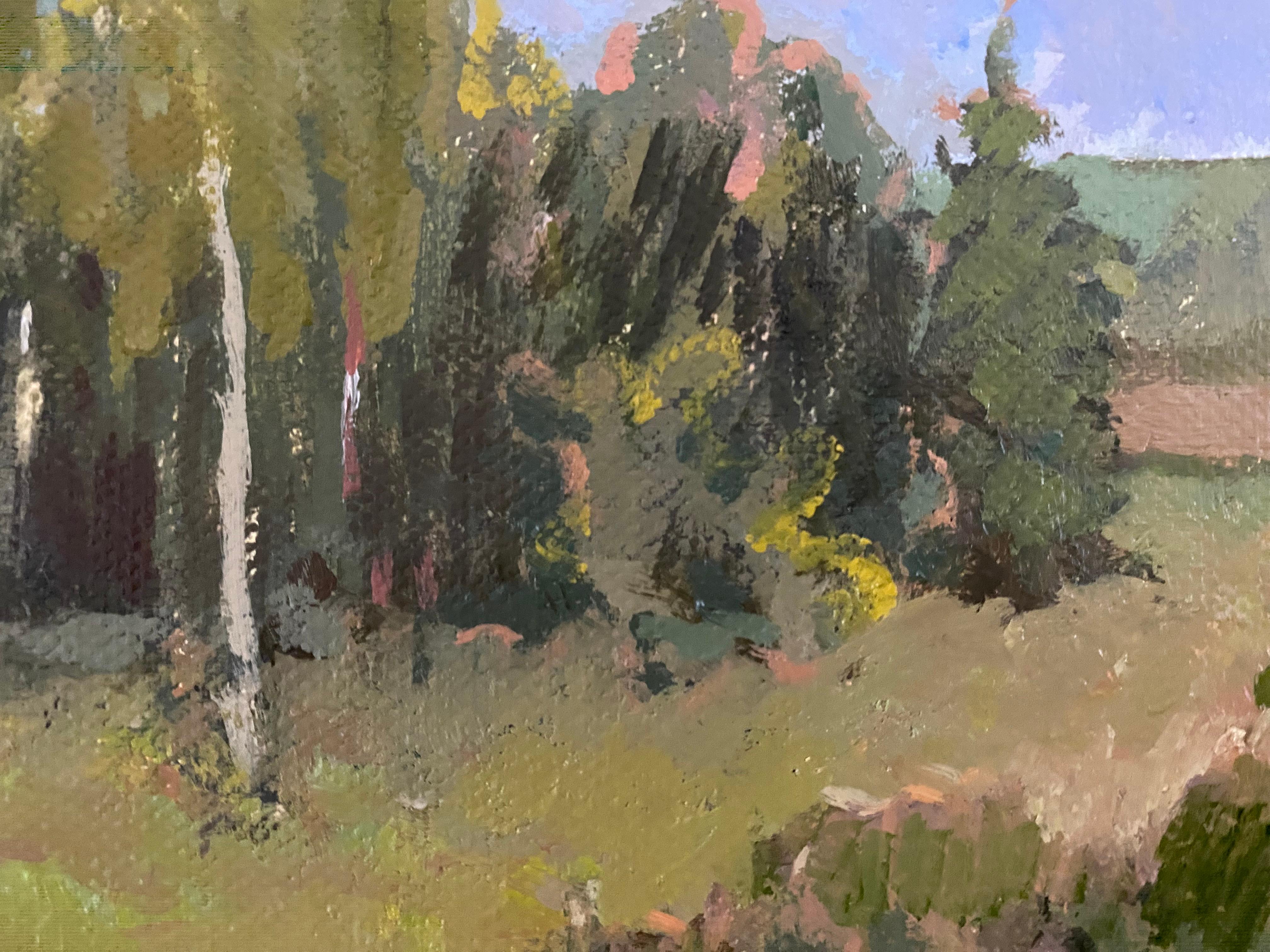 Birch Grove Landscape. Oil painting Impressionism original artwork green nature For Sale 2