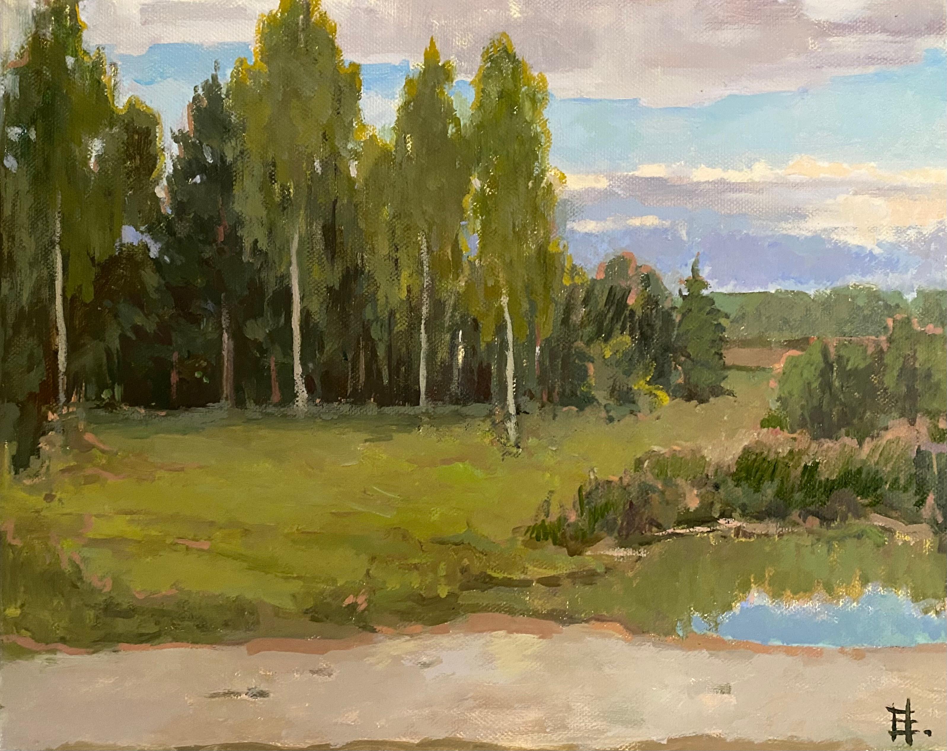 Birch Grove Landscape. Oil painting Impressionism original artwork green nature