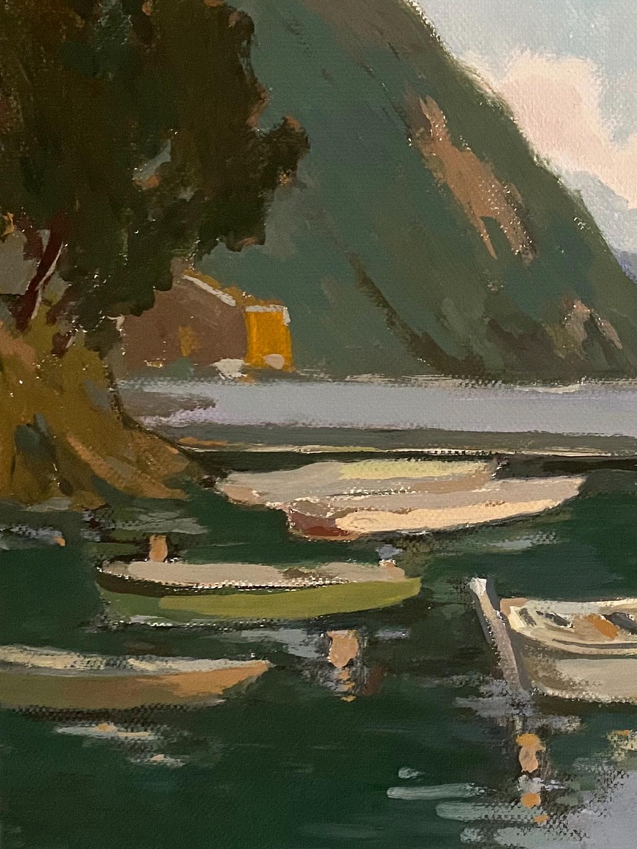 Barche sul lago di Lugano. Pittura ad olio impressionista originale su tela paesaggio marino - Painting di Elena Bulatova
