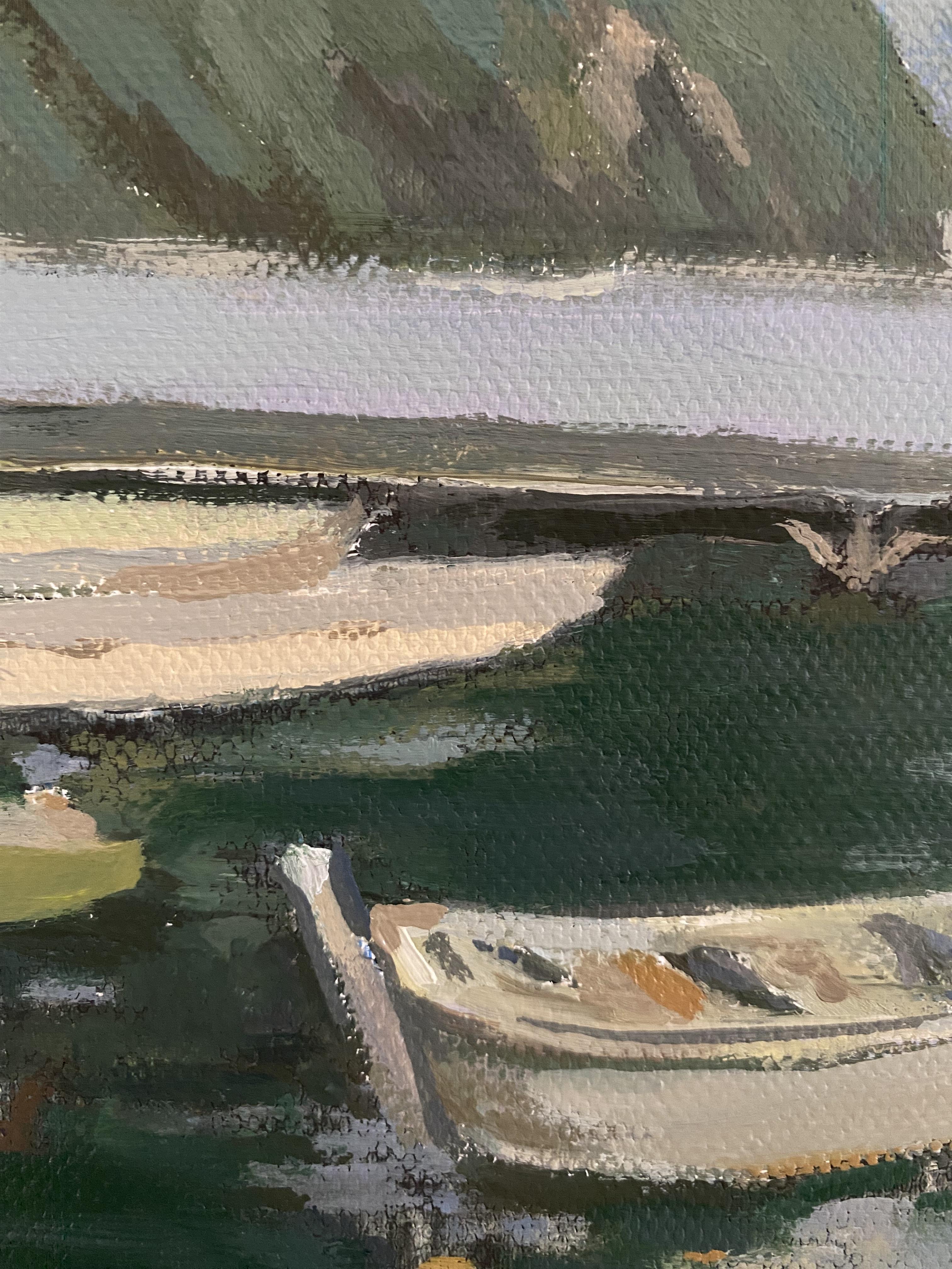 Barche sul lago di Lugano. Pittura ad olio impressionista originale su tela paesaggio marino - Painting Impressionismo di Elena Bulatova
