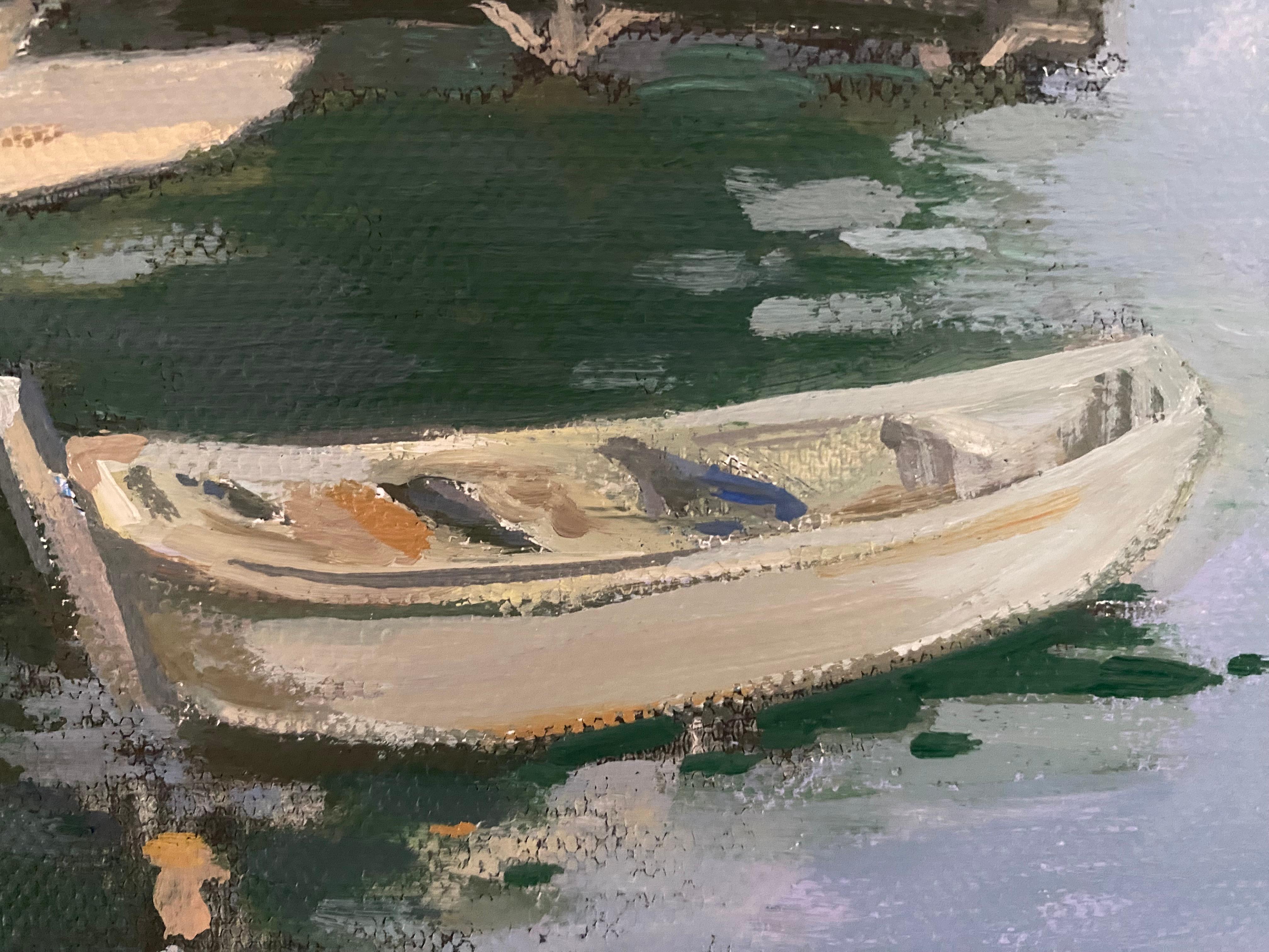 Barche sul lago di Lugano. Pittura ad olio impressionista originale su tela paesaggio marino - Landscape Painting Grigio di Elena Bulatova