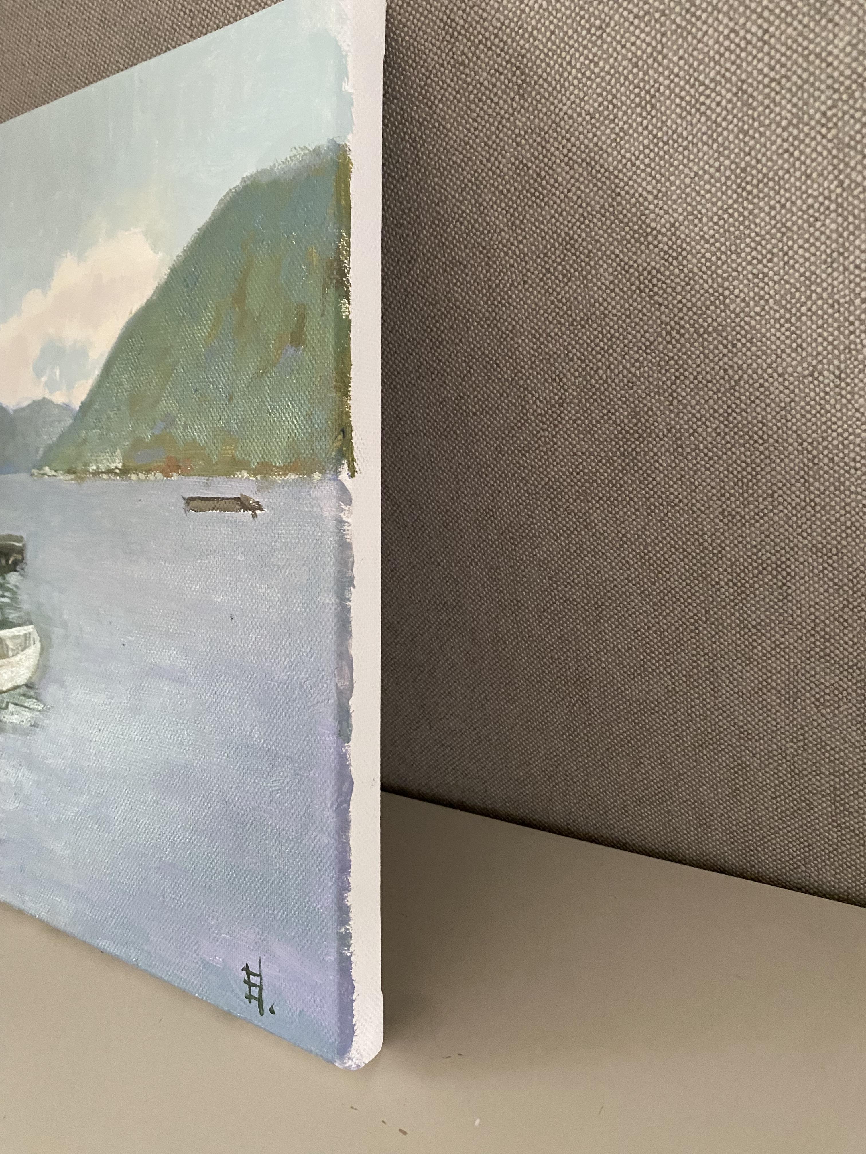 Barche sul lago di Lugano. Pittura ad olio impressionista originale su tela paesaggio marino in vendita 2