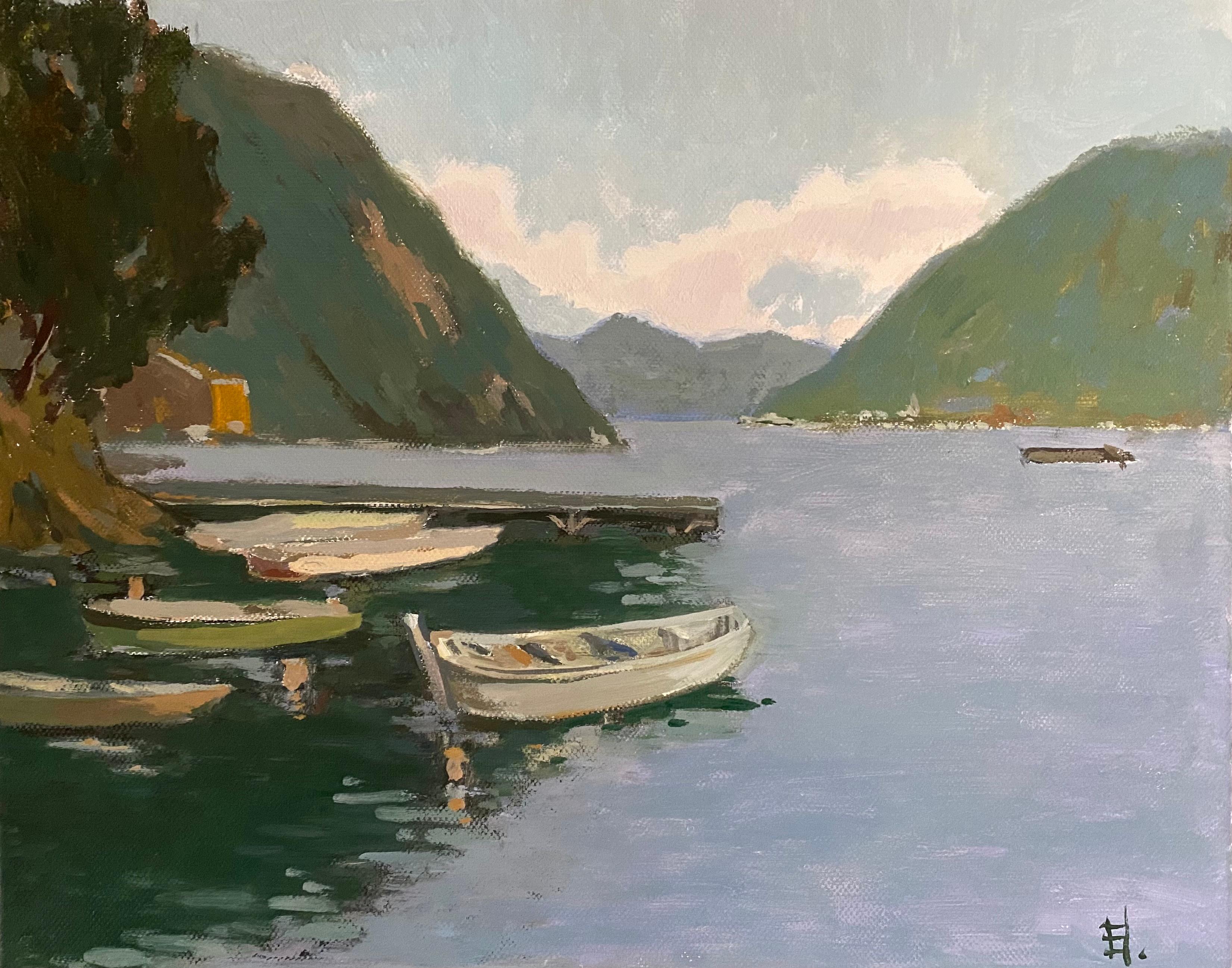 Landscape Painting di Elena Bulatova - Barche sul lago di Lugano. Pittura ad olio impressionista originale su tela paesaggio marino