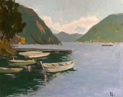 Barche sul lago di Lugano. Pittura ad olio impressionista originale su tela paesaggio marino