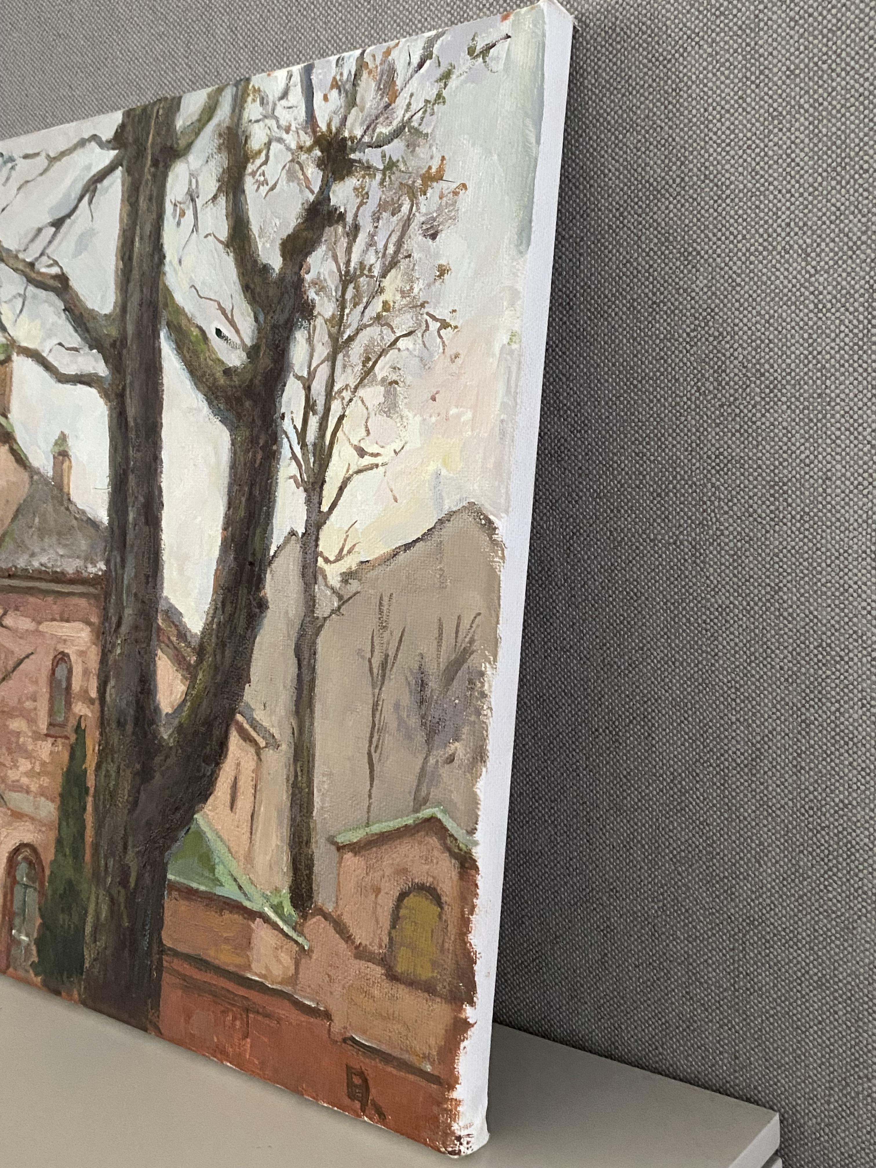 Brick and Branches Architecture oil painting Impressionism realism fine art For Sale 5