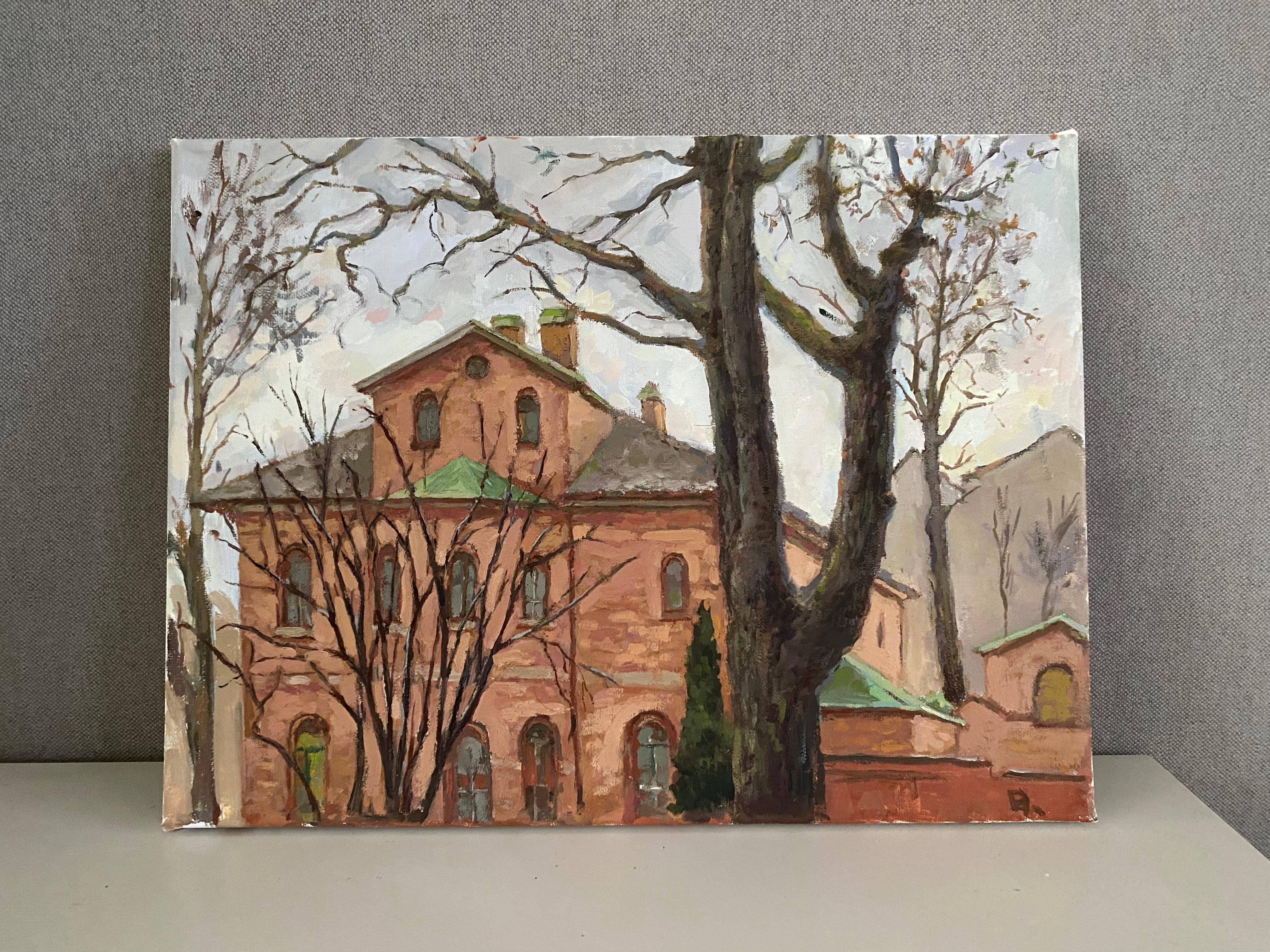 Brick and Branches Architecture oil painting Impressionism realism fine art - Painting by Elena Bulatova