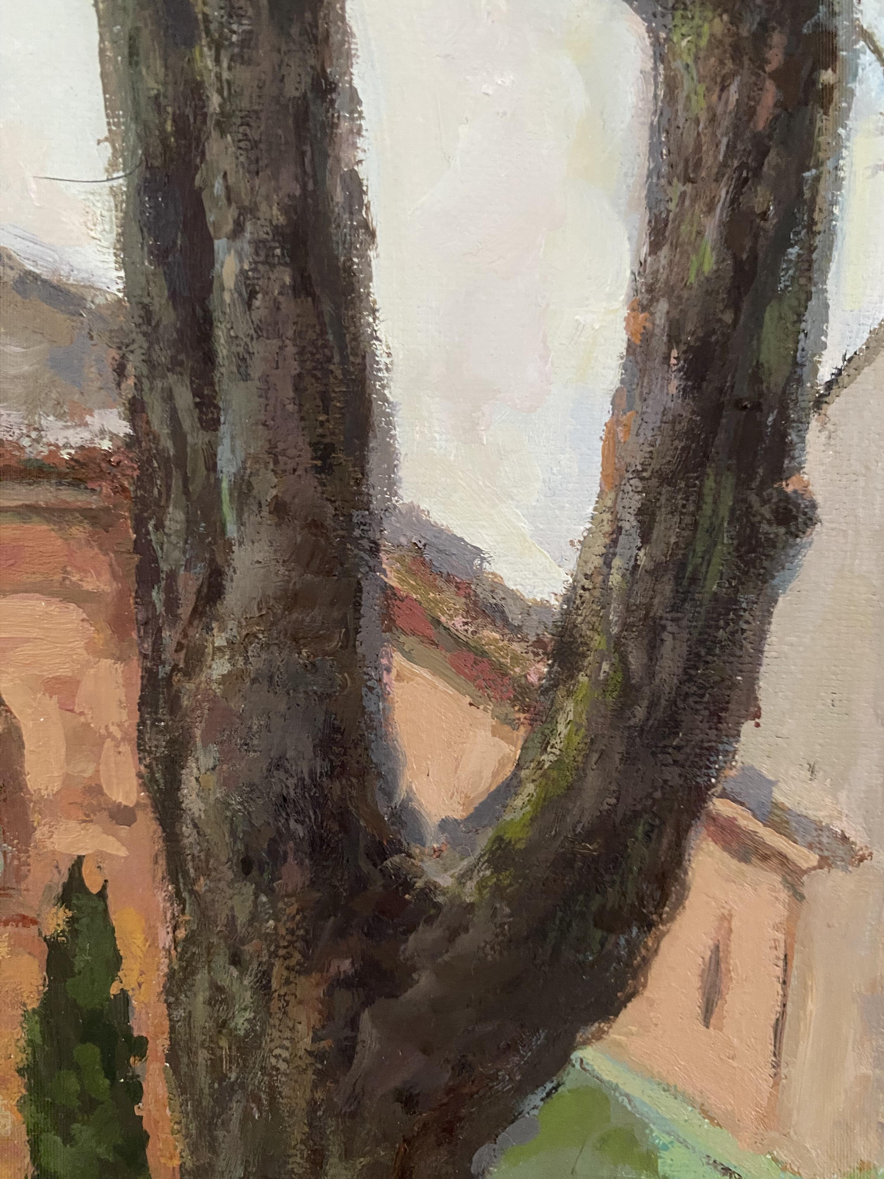 Brick and Branches Architecture oil painting Impressionism realism fine art - Impressionist Painting by Elena Bulatova