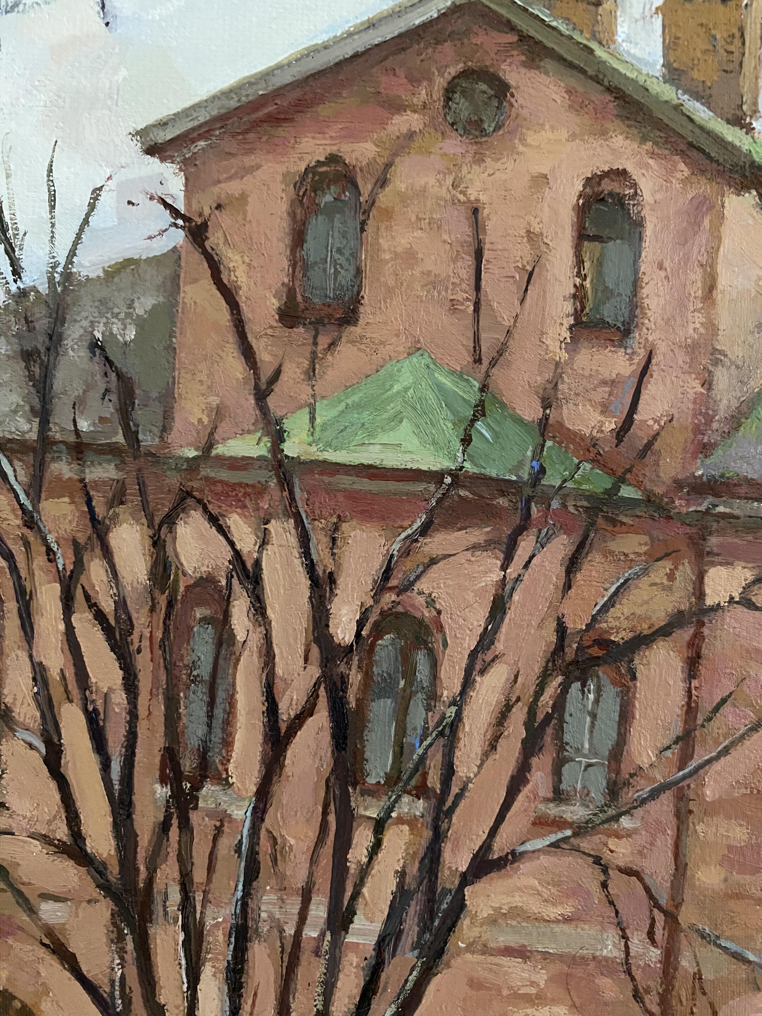 Brick and Branches Architecture oil painting Impressionism realism fine art - Brown Landscape Painting by Elena Bulatova