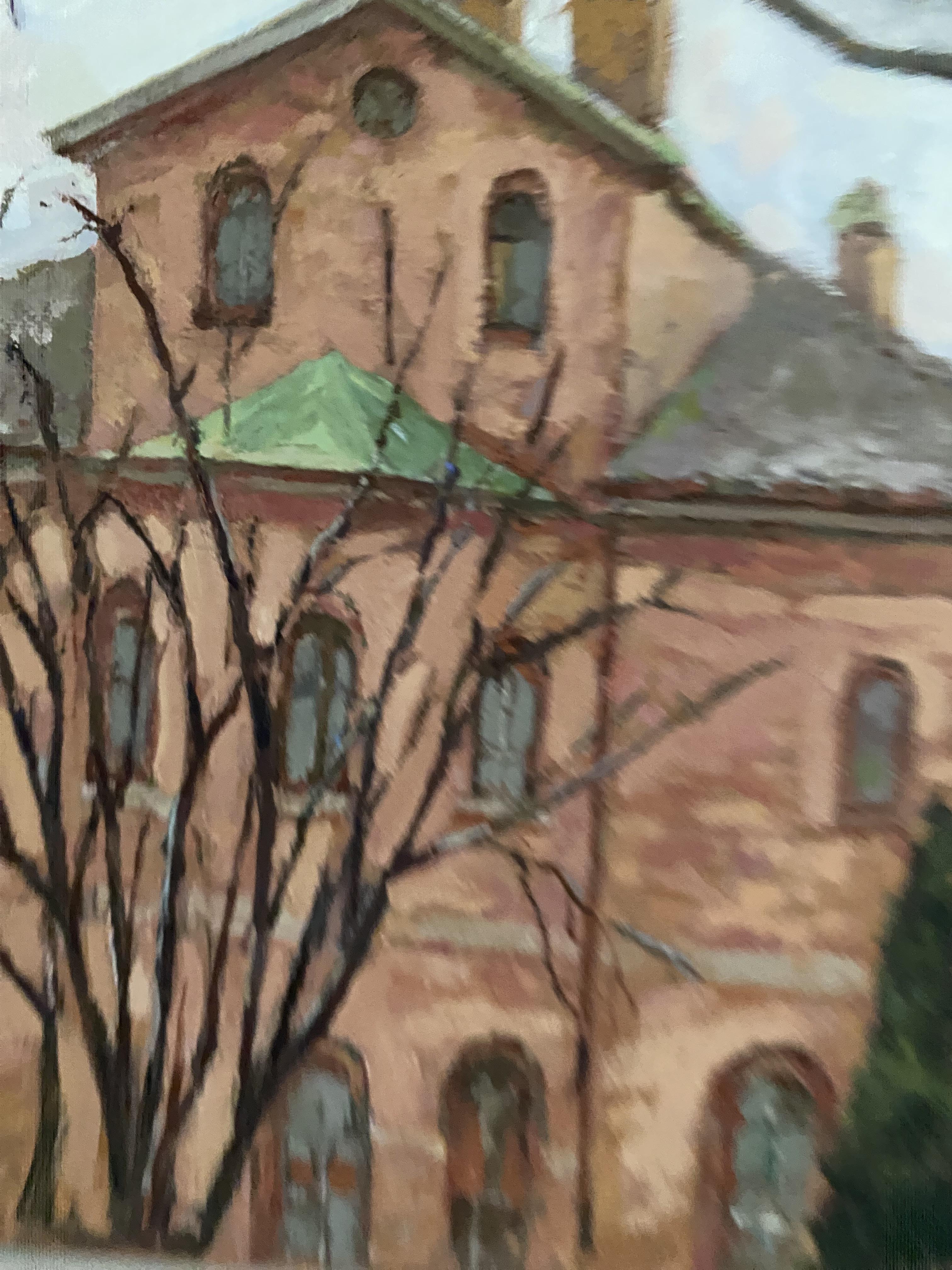 This original oil painting depicts a fragment of the historic Ursula Kirche in Munich. Painted alla prima directly from observation, the work captures the architectural presence of the red brick building framed by bare trees on a soft, overcast day.