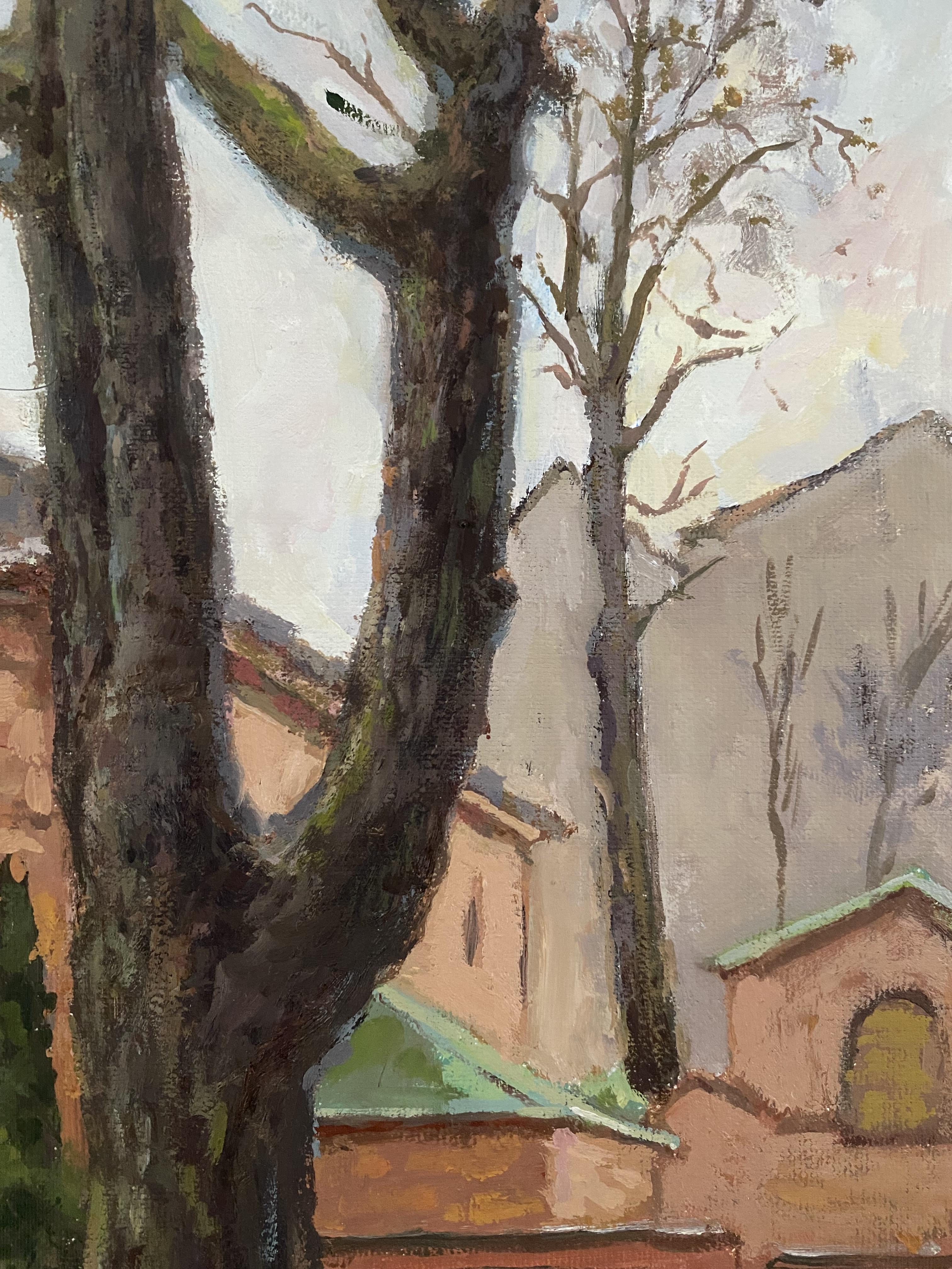 Brick and Branches Architecture oil painting Impressionism realism fine art For Sale 1