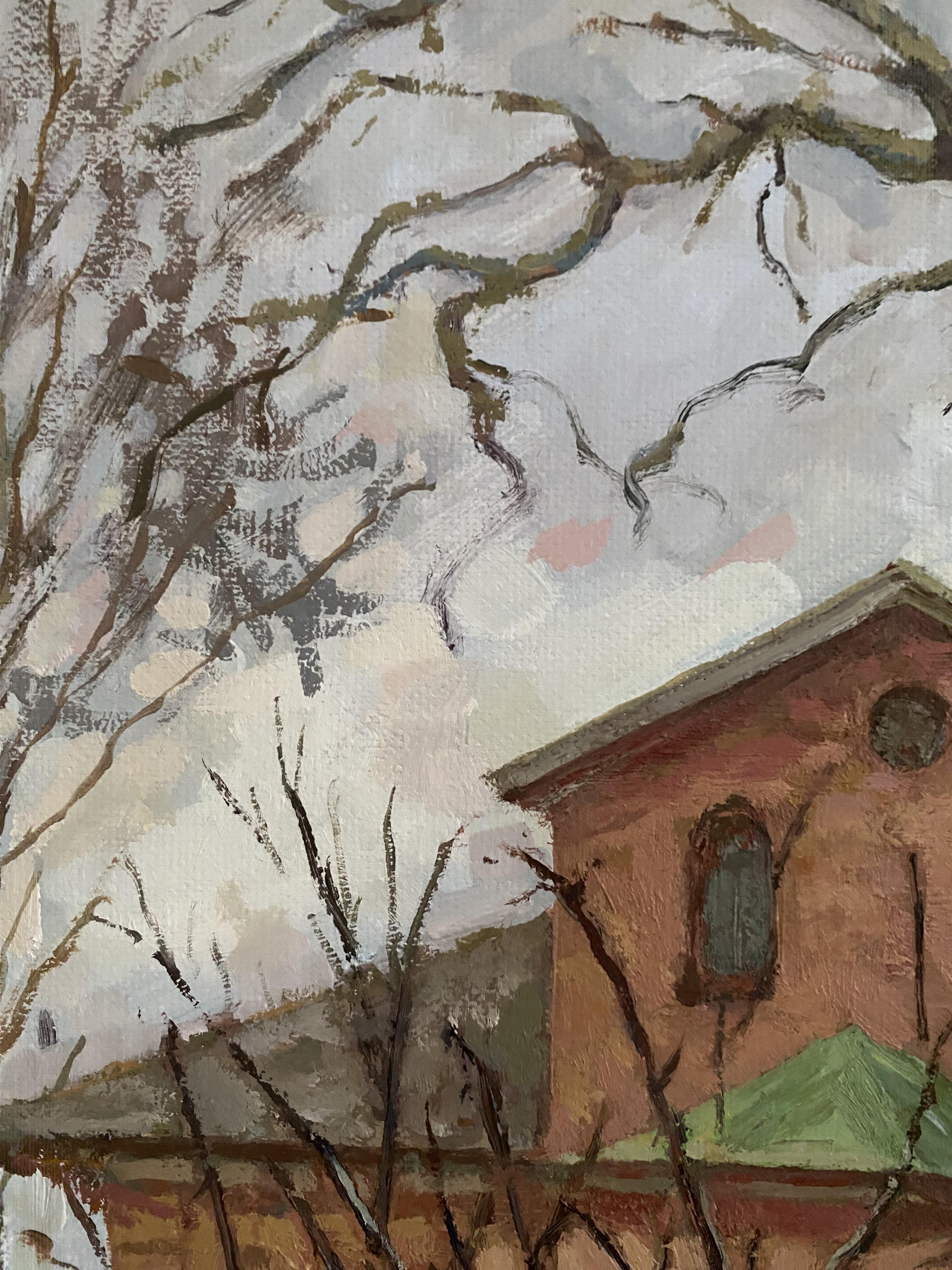 Brick and Branches Architecture oil painting Impressionism realism fine art For Sale 2