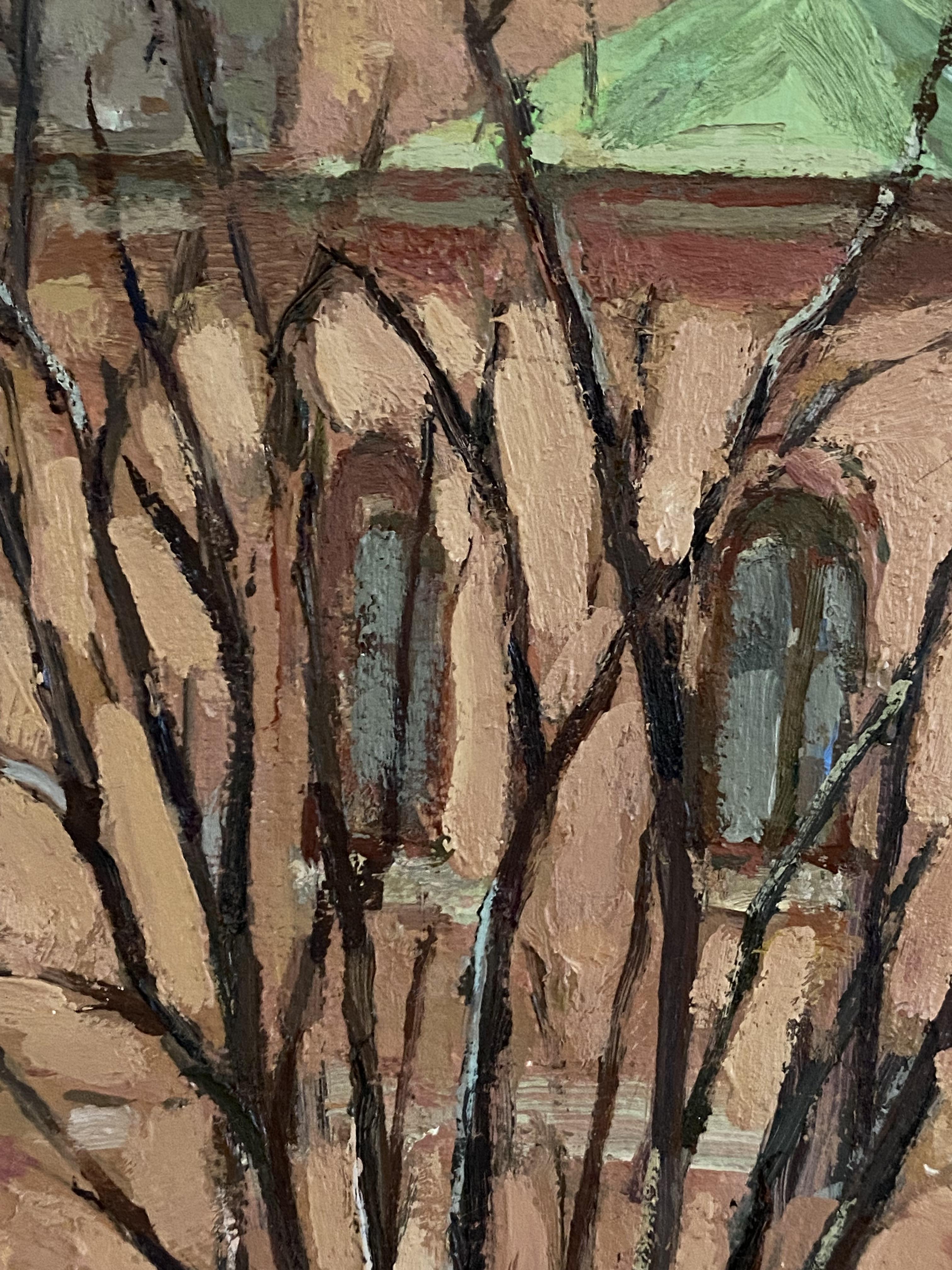 Brick and Branches Architecture oil painting Impressionism realism fine art For Sale 3