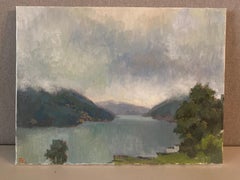 Cloud Memory. Nature oil painting, seascape, blue, mountains, lake Lugano