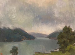 Cloud Memory. Nature oil painting, seascape, blue, mountains, lake Lugano