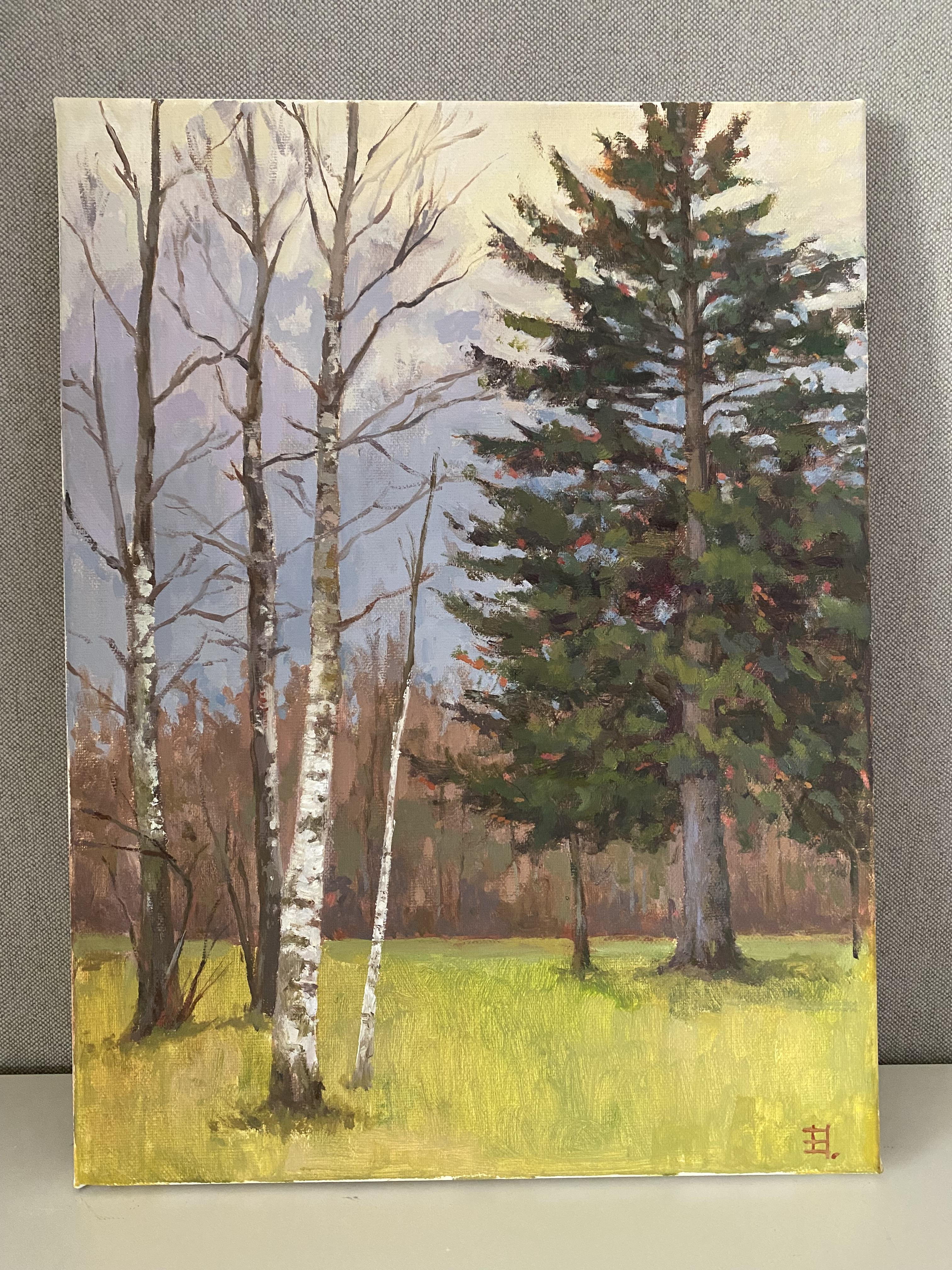 Jardín inglés. Impresionismo, paisaje al óleo, vertical. - Painting de Elena Bulatova