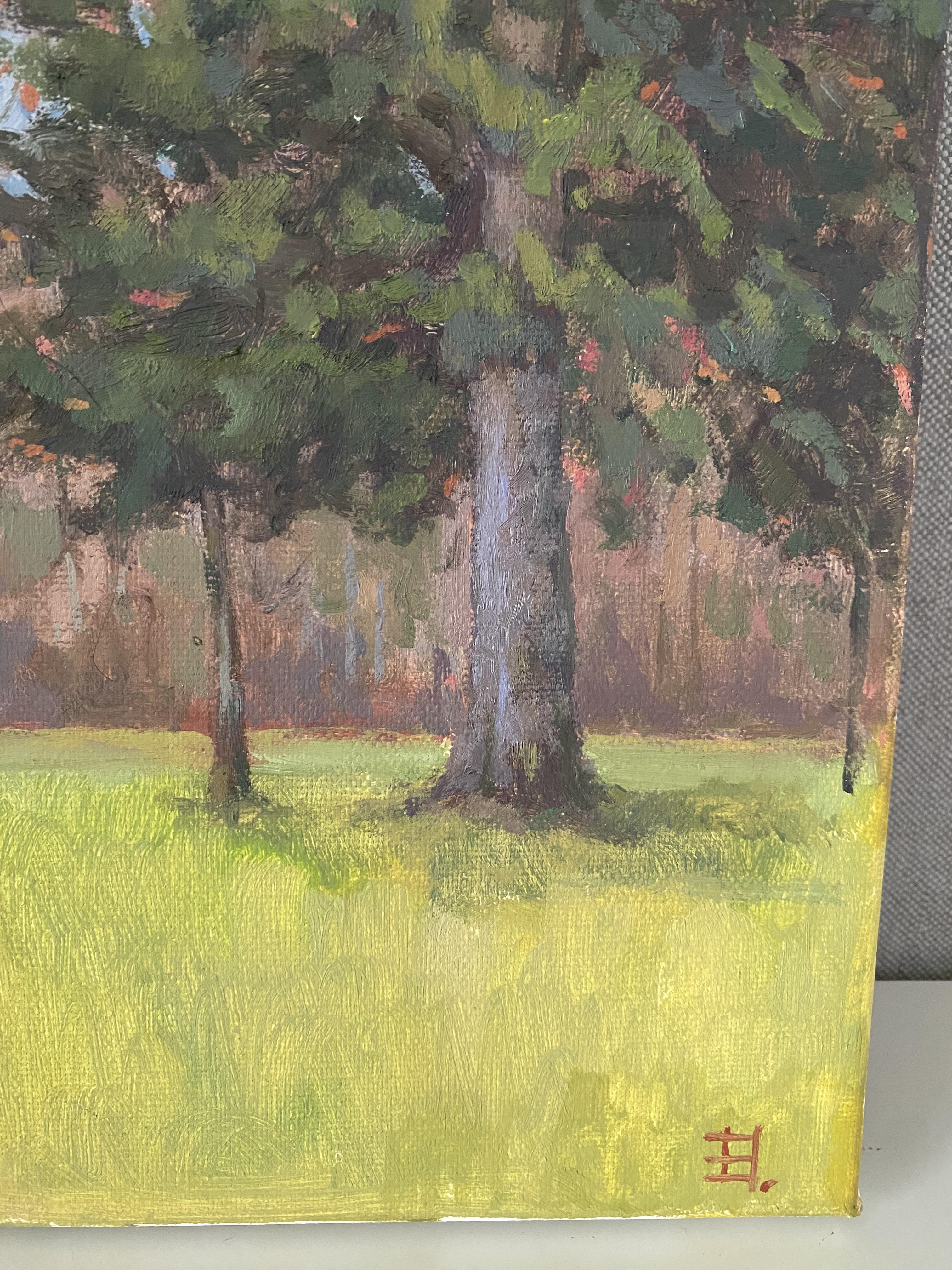 Este óleo plein air, creado en 2024 en el emblemático Jardín Inglés de Múnich, capta una serena escena natural con expresivas pinceladas. Mide 40 x 30 cm y muestra una composición de abedules con su característica corteza blanca junto a un