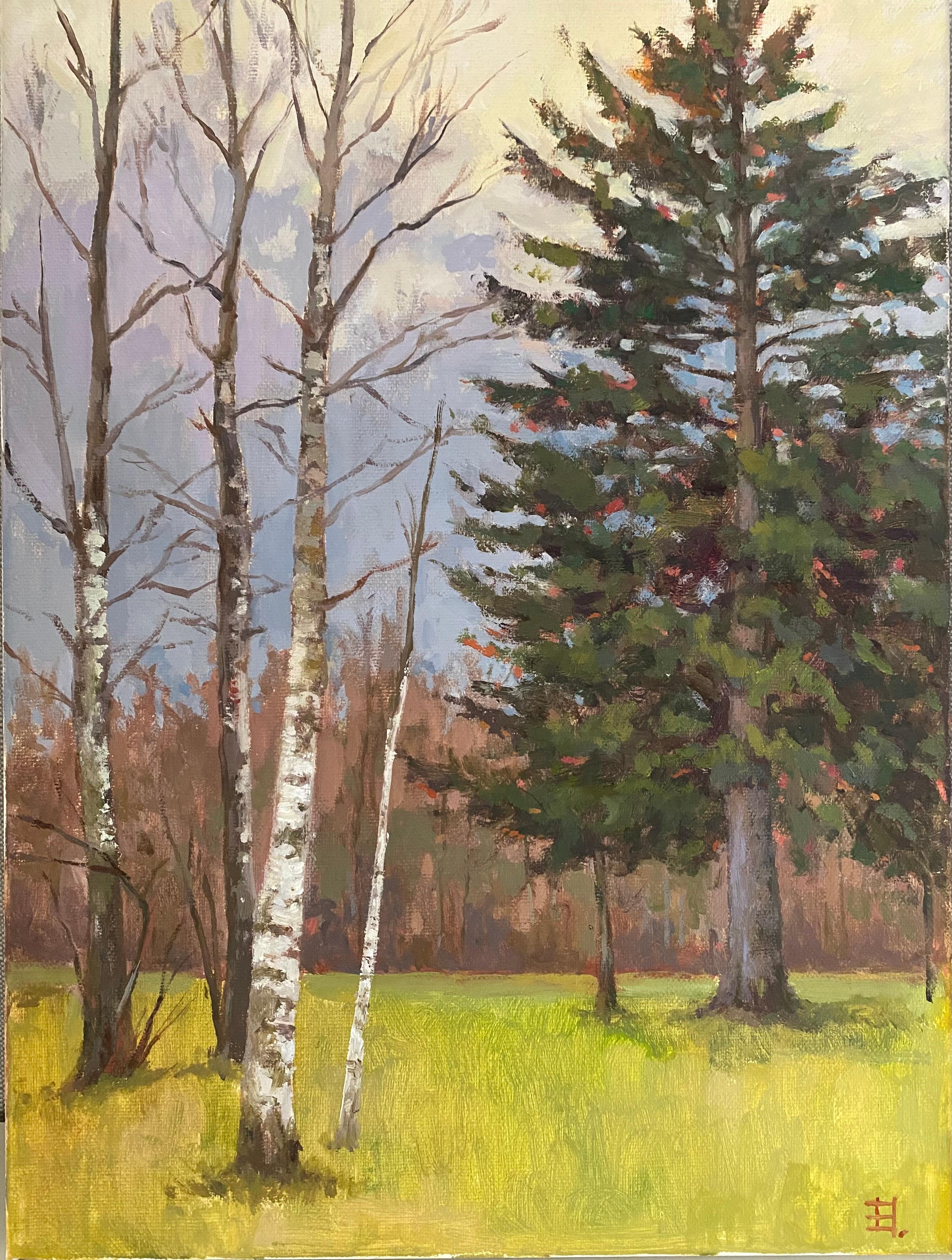 Landscape Painting de Elena Bulatova - Jardín inglés. Impresionismo, paisaje al óleo, vertical.