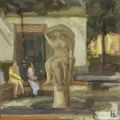 Figura nella piazza. Impressionismo, astratto, pittura a olio contemporanea