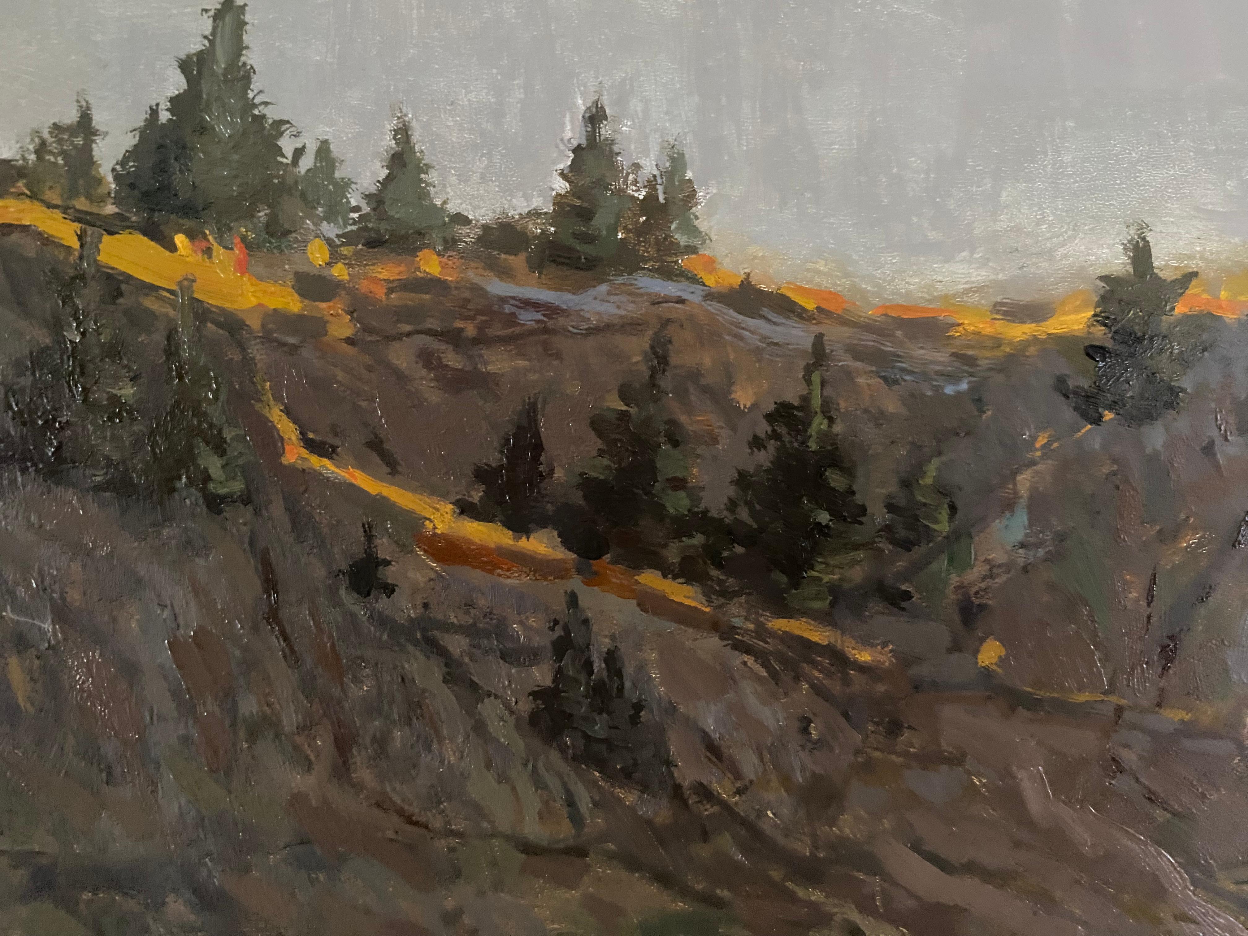 Deutsche Landschaft, Kehlsteinhaus, Alpen, Ölgemälde, Bildende Kunst, Berghaus (Grau), Landscape Painting, von Elena Bulatova