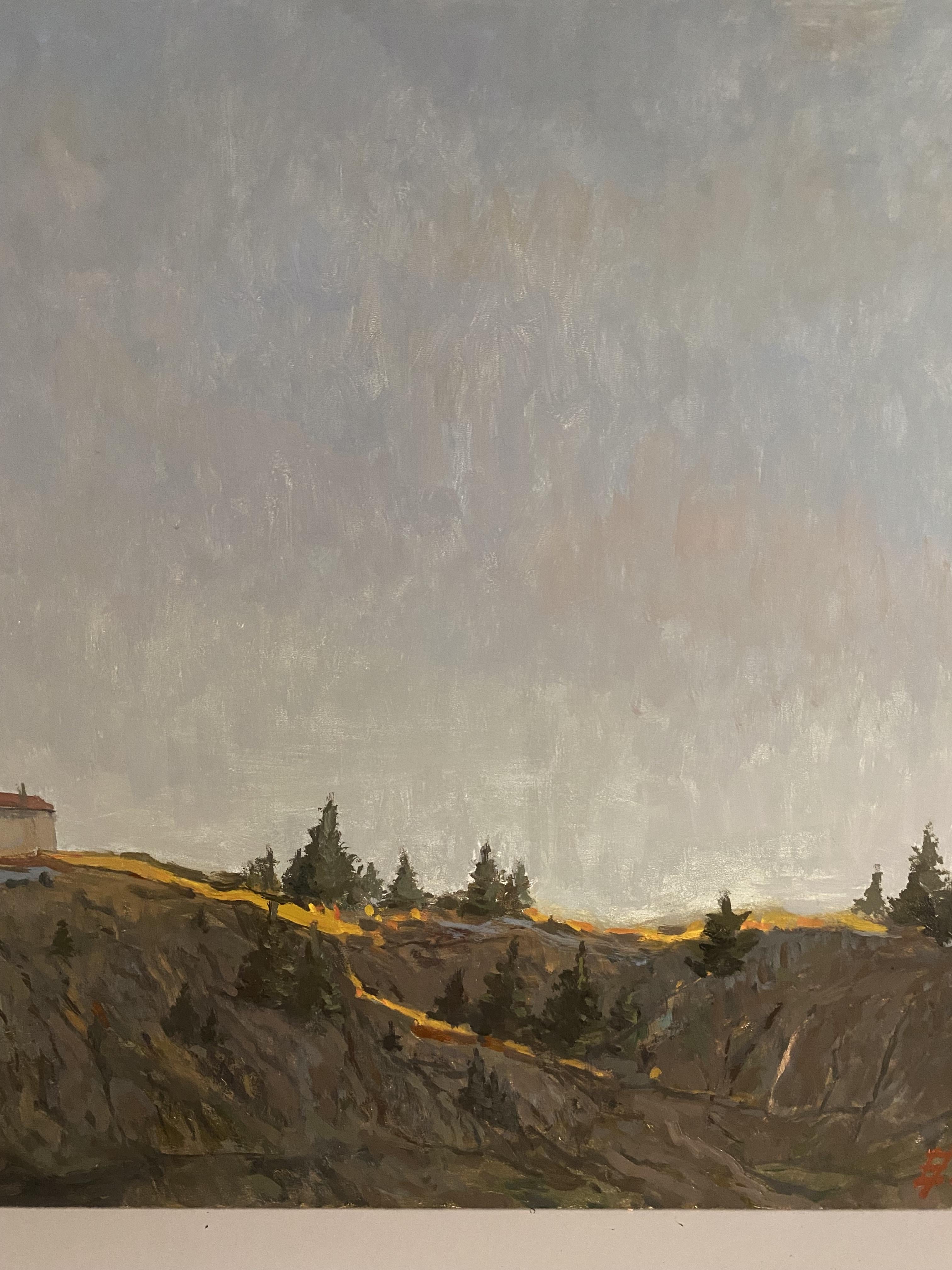 Diese alla prima auf eine MDF-Platte gemalte Landschaft zeigt das Kehlsteinhaus - ein historisches Berghaus hoch über den bayerischen Alpen. Im sanften Abendlicht steht das Gebäude ruhig vor einem weiten, gedämpften Himmel, umgeben von felsigen