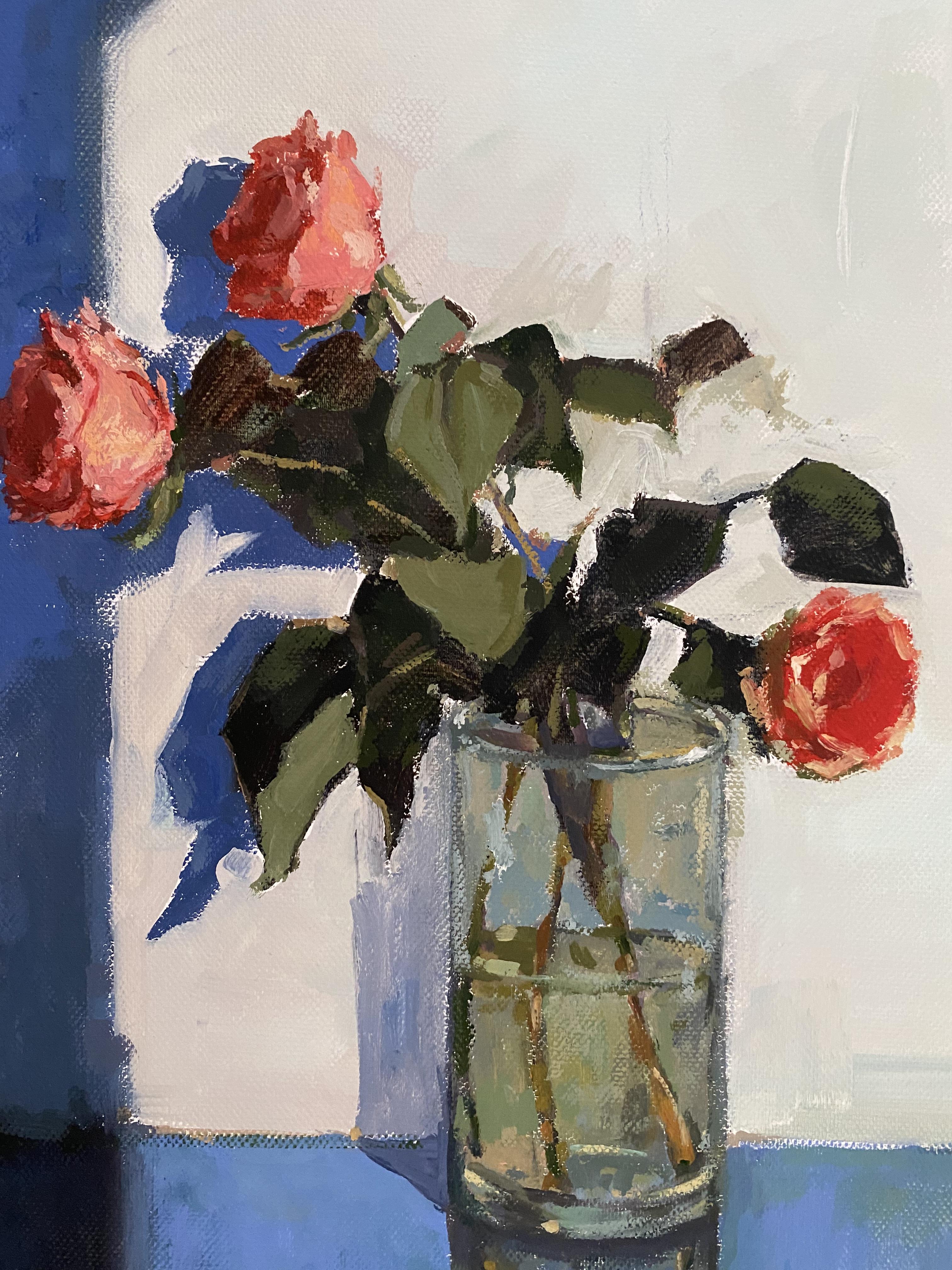Glas, Licht, Rosen. Ölgemälde, alla prima, Impressionismus, bildende Kunst (Violett), Figurative Painting, von Elena Bulatova