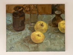 Manzanas doradas sobre tela azul. Pintura al óleo, naturaleza muerta, pequeña obra de arte, impresión