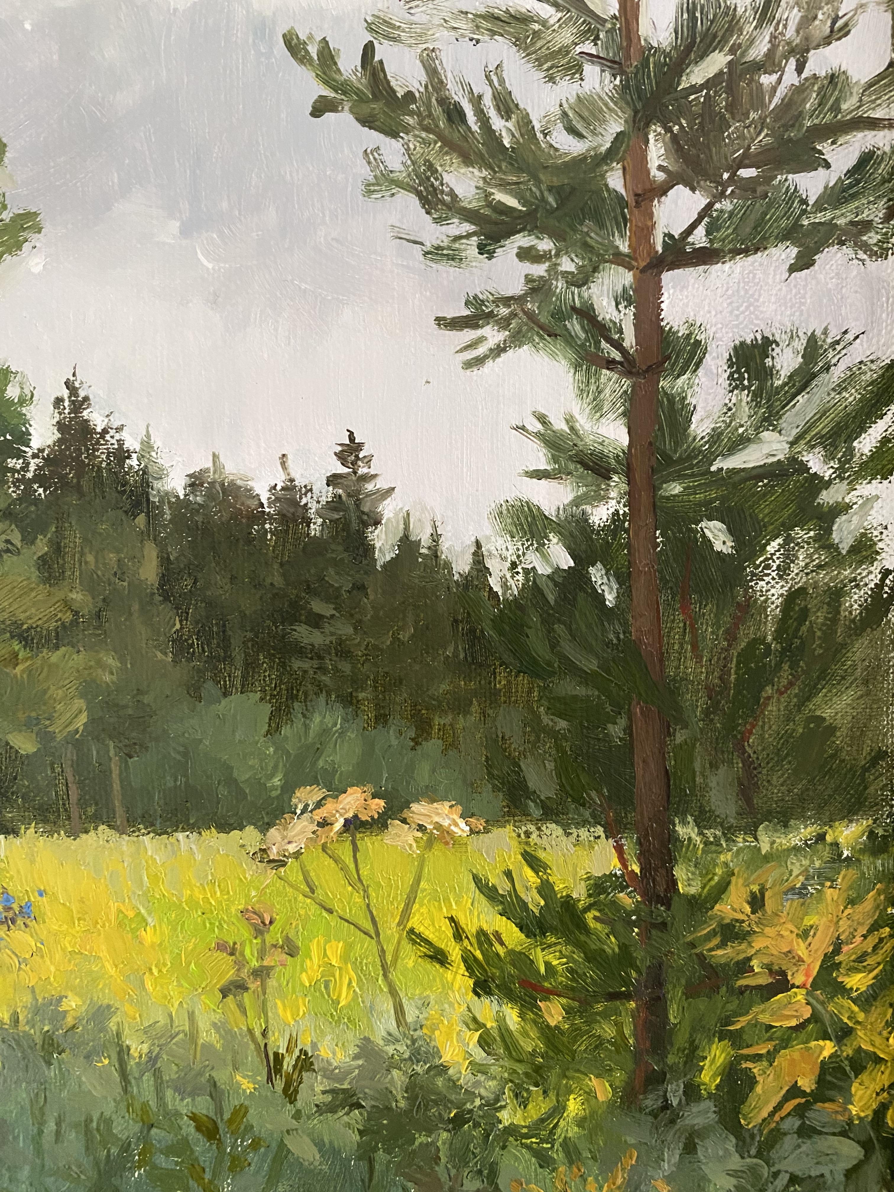 Fuga verde, óleo sobre lienzo, enmarcado, paisaje, impresionista, interior - Painting de Elena Bulatova