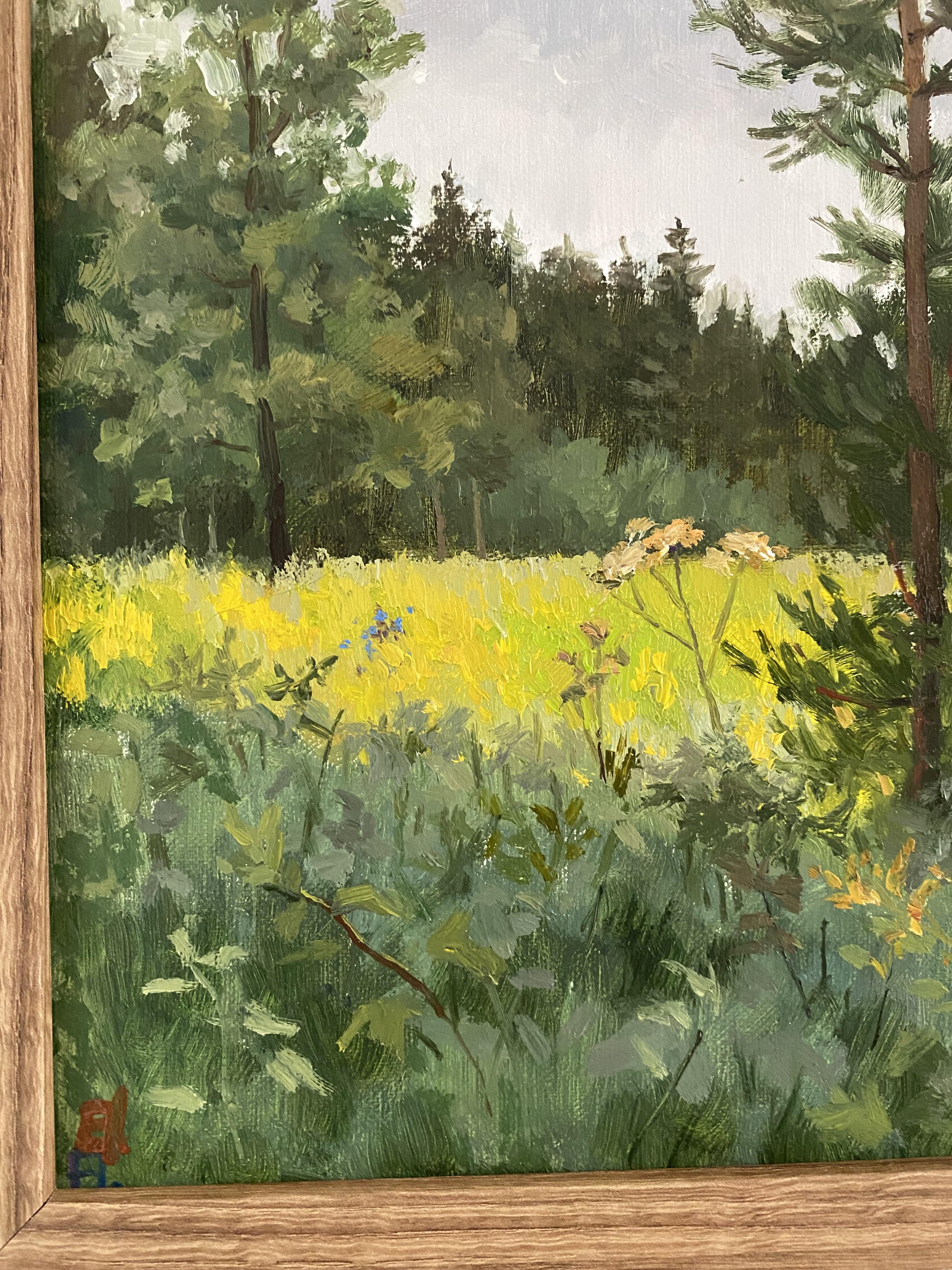 Fuga verde, óleo sobre lienzo, enmarcado, paisaje, impresionista, interior - Painting Impresionista de Elena Bulatova