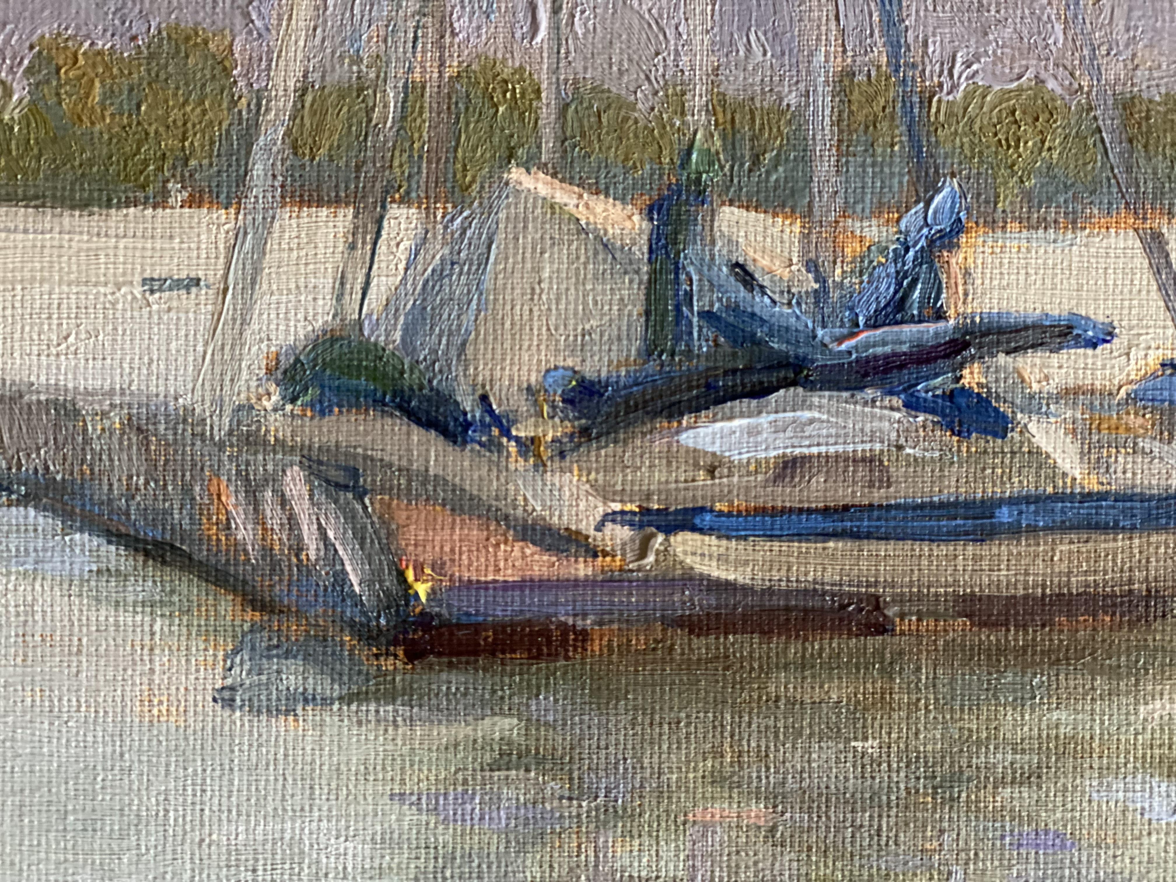 Reflejos del puerto, pintura al óleo, bellas artes, paisaje marino, barcos, navegación, decoración - Painting Realista de Elena Bulatova