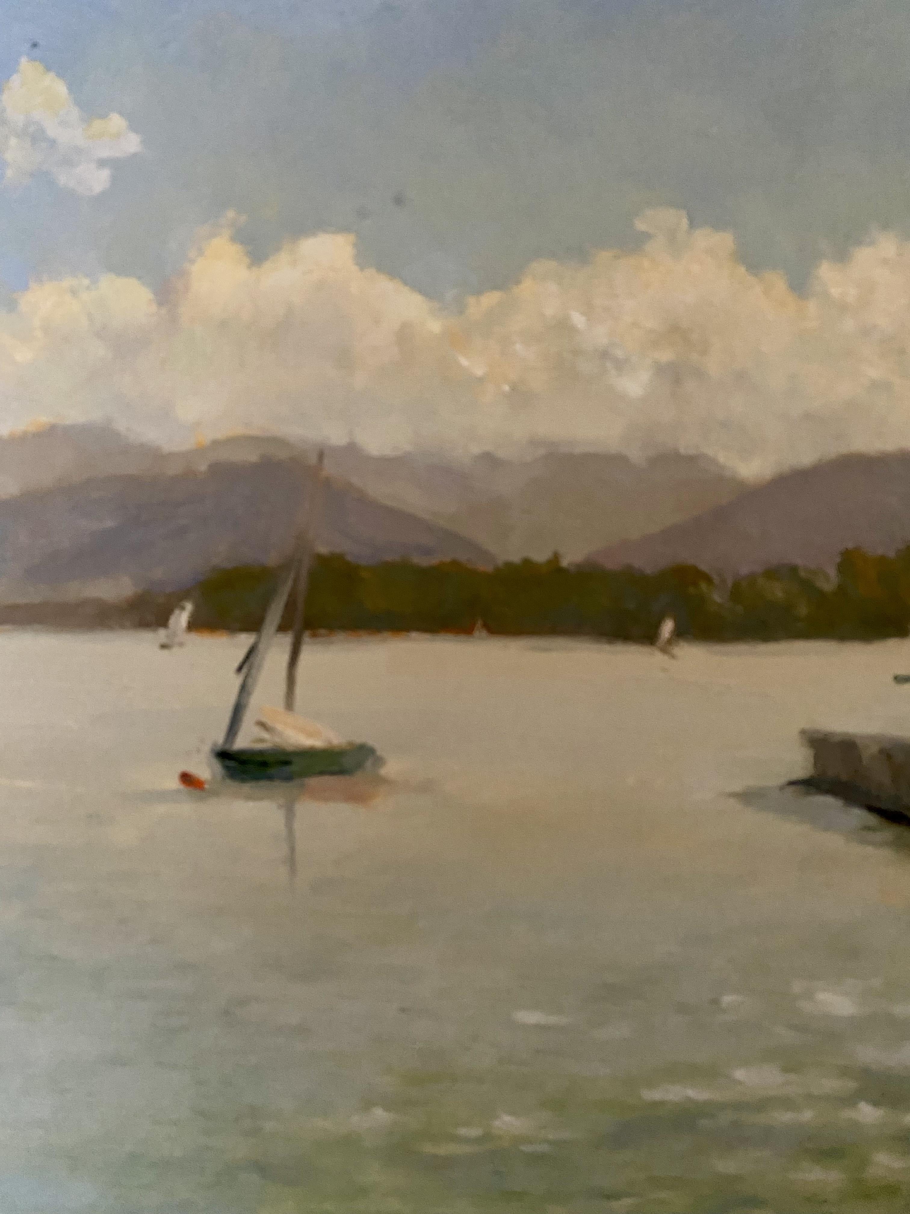 Reflejos del puerto, pintura al óleo, bellas artes, paisaje marino, barcos, navegación, decoración - Landscape Painting Gris de Elena Bulatova