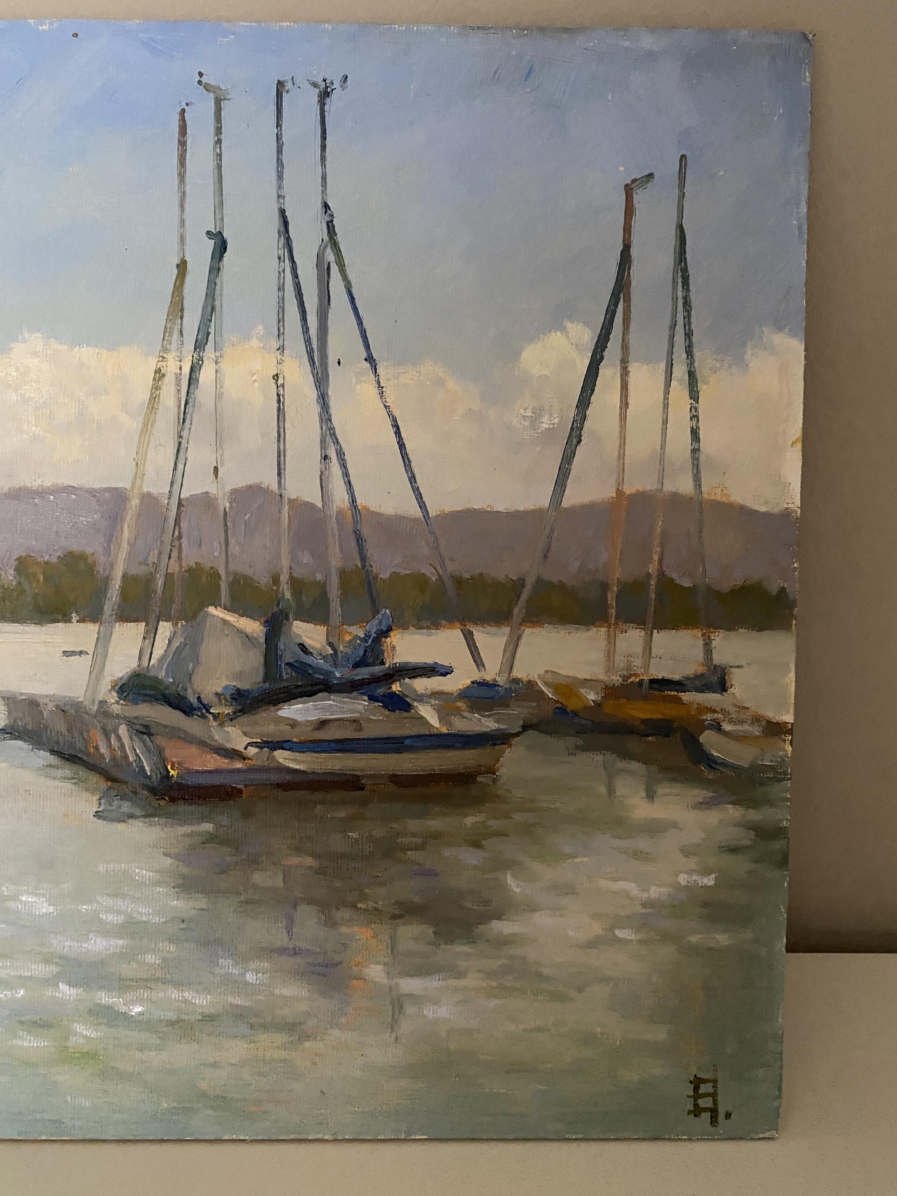 Reflejos del puerto, pintura al óleo, bellas artes, paisaje marino, barcos, navegación, decoración en venta 1