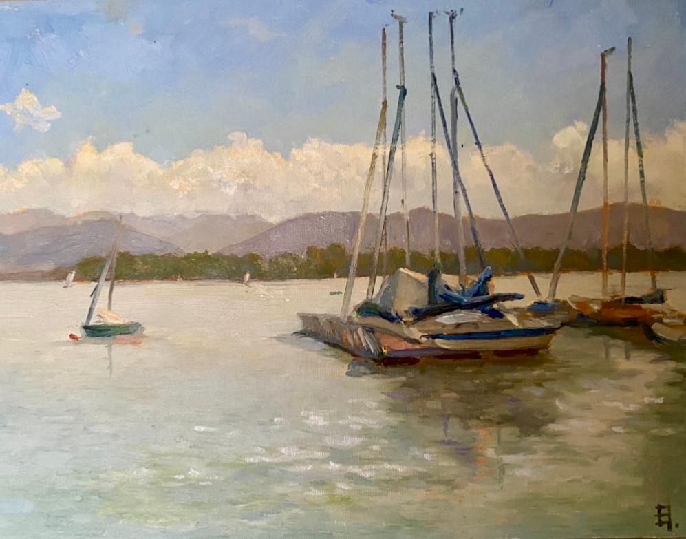 Landscape Painting de Elena Bulatova - Reflejos del puerto, pintura al óleo, bellas artes, paisaje marino, barcos, navegación, decoración
