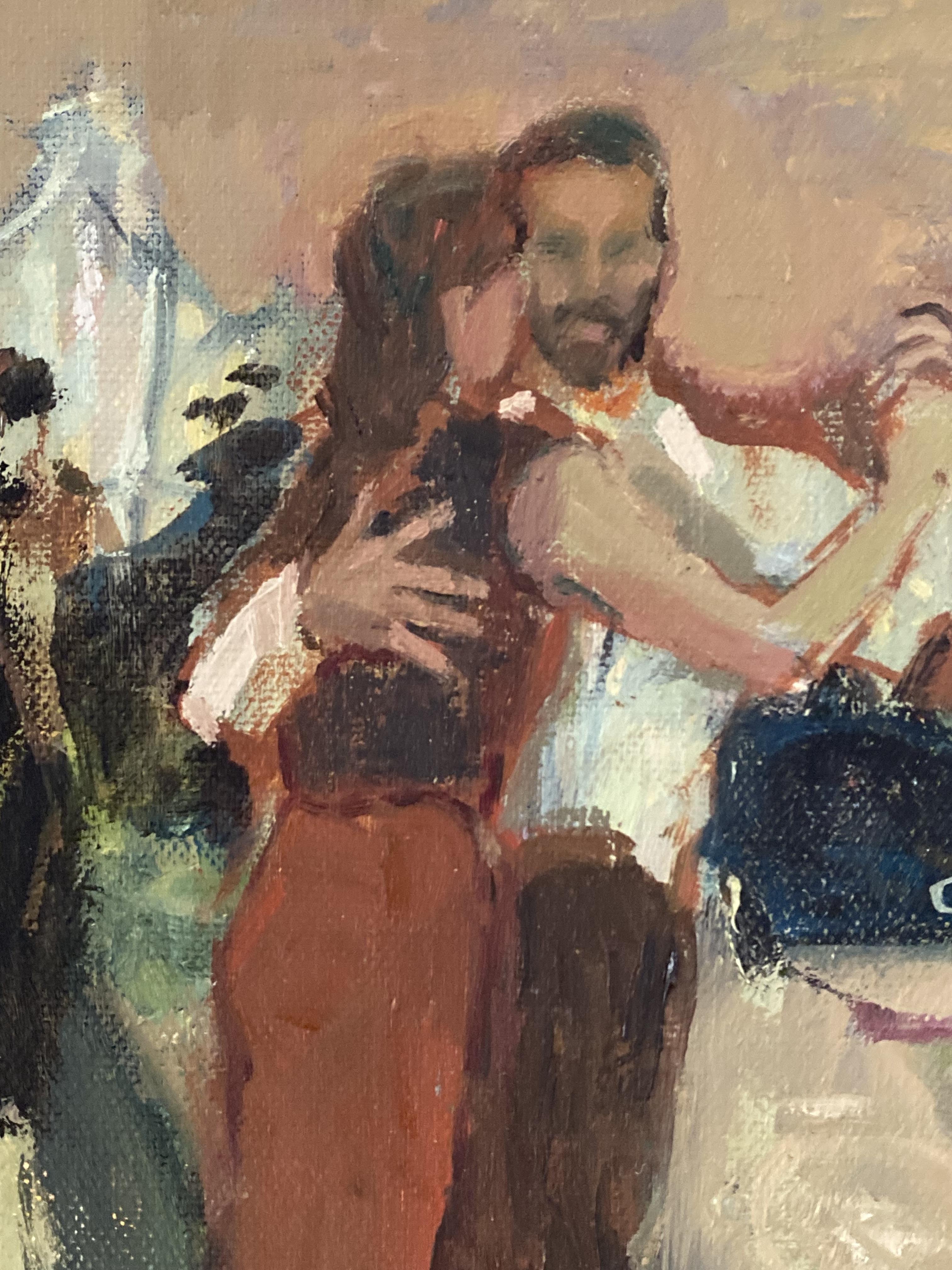 Inside the Tango, Tanz Kunst Öl Leinwand impressionistisch zeitgenössisch figurativ (Braun), Figurative Painting, von Elena Bulatova