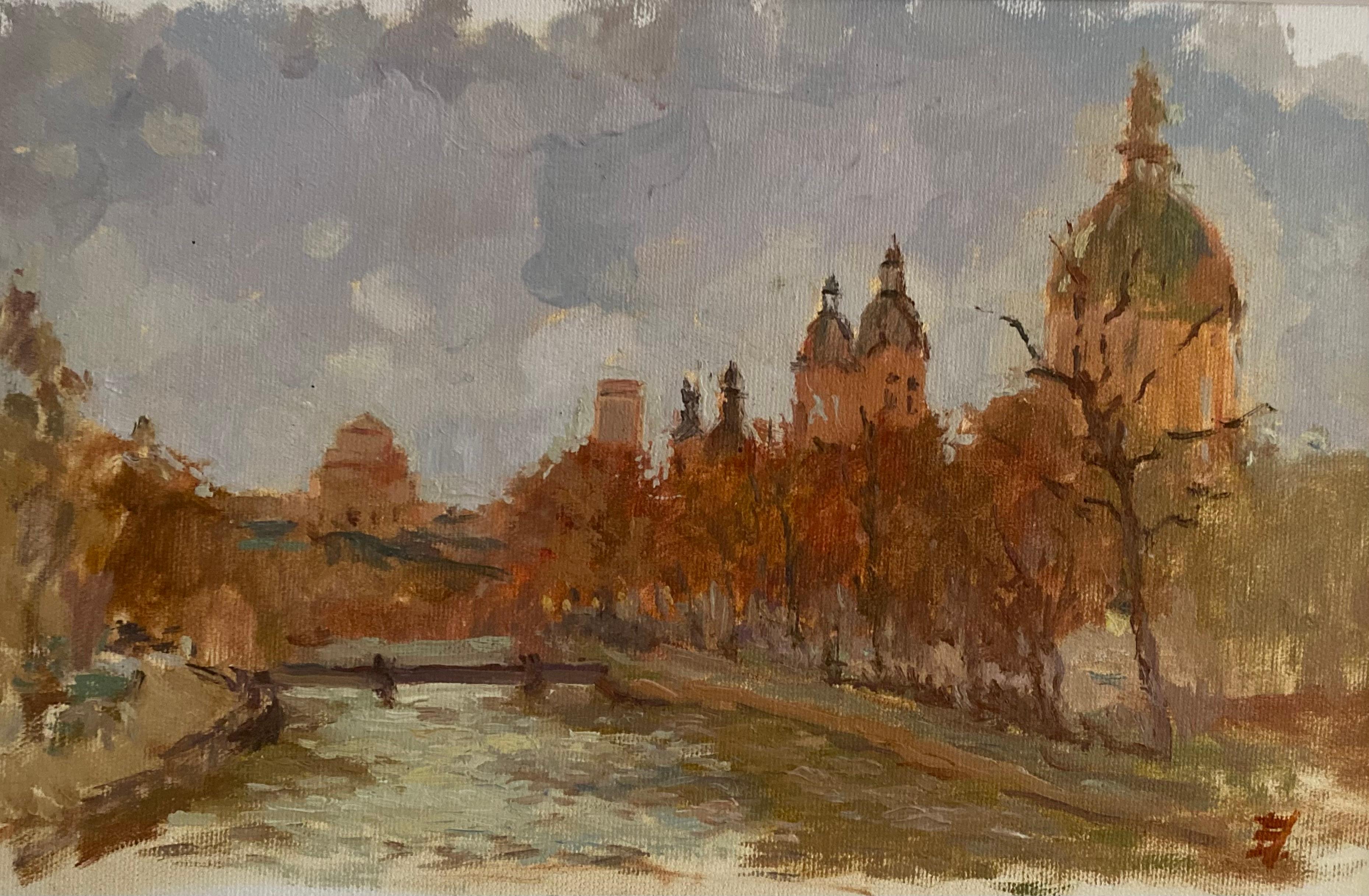 Elena Bulatova Landscape Painting – Isar River, original oil painting impressionist art landscape cityscape framed