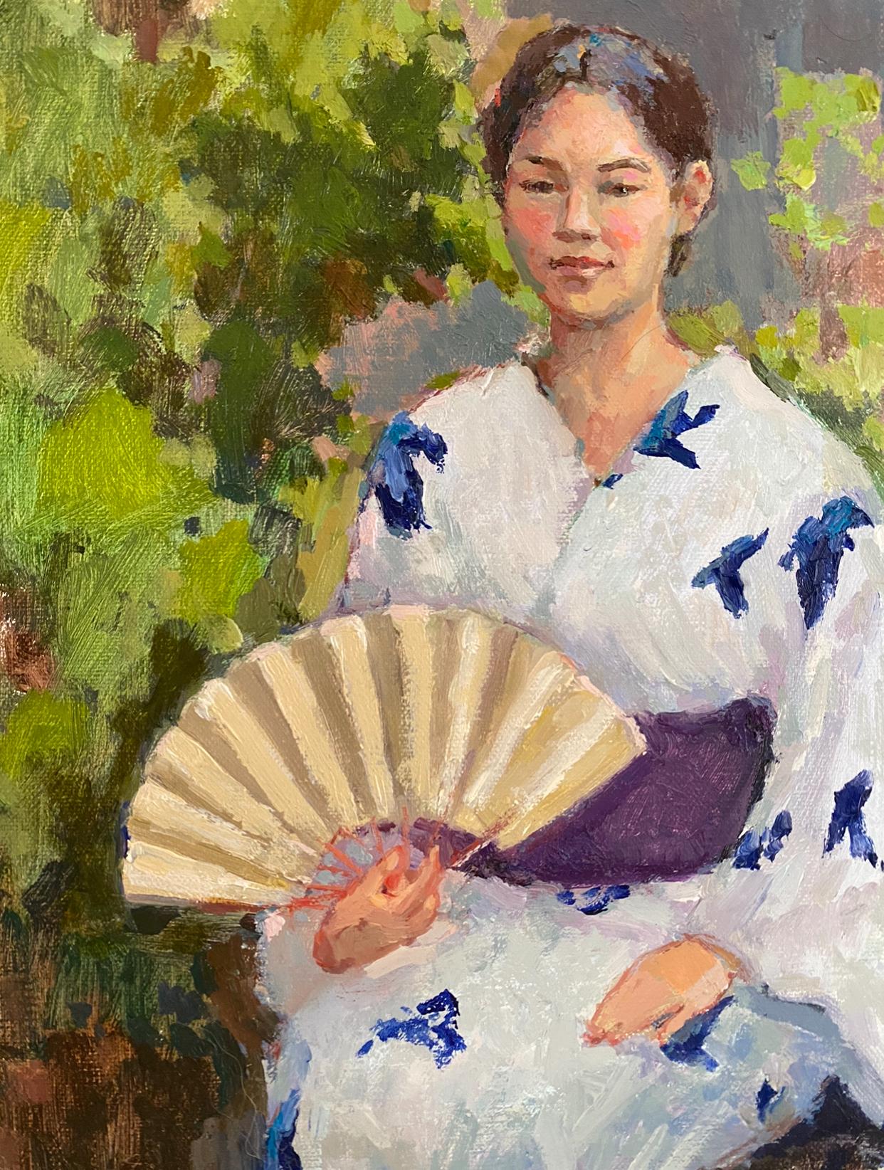 Une fille japonaise avec un éventail, impressionnisme, huile sur toile, prête à être exposée, intérieur - Painting de Elena Bulatova