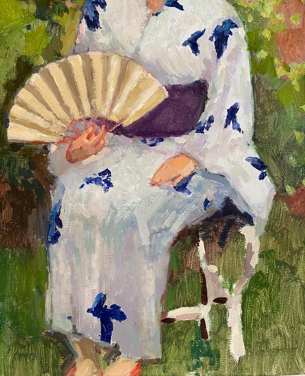 Une fille japonaise avec un éventail, impressionnisme, huile sur toile, prête à être exposée, intérieur - Impressionnisme Painting par Elena Bulatova