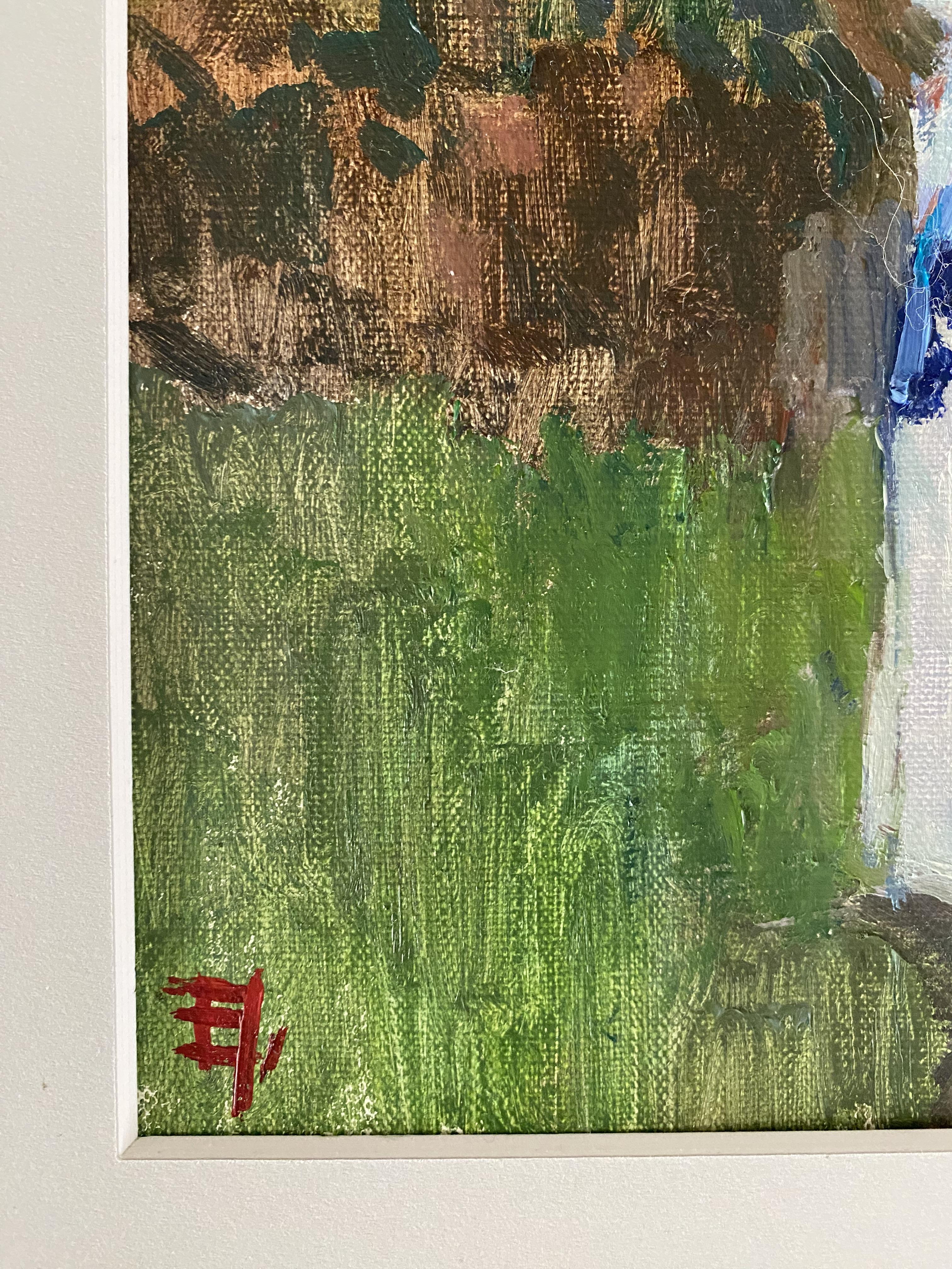 Une fille japonaise avec un éventail, impressionnisme, huile sur toile, prête à être exposée, intérieur - Marron Interior Painting par Elena Bulatova
