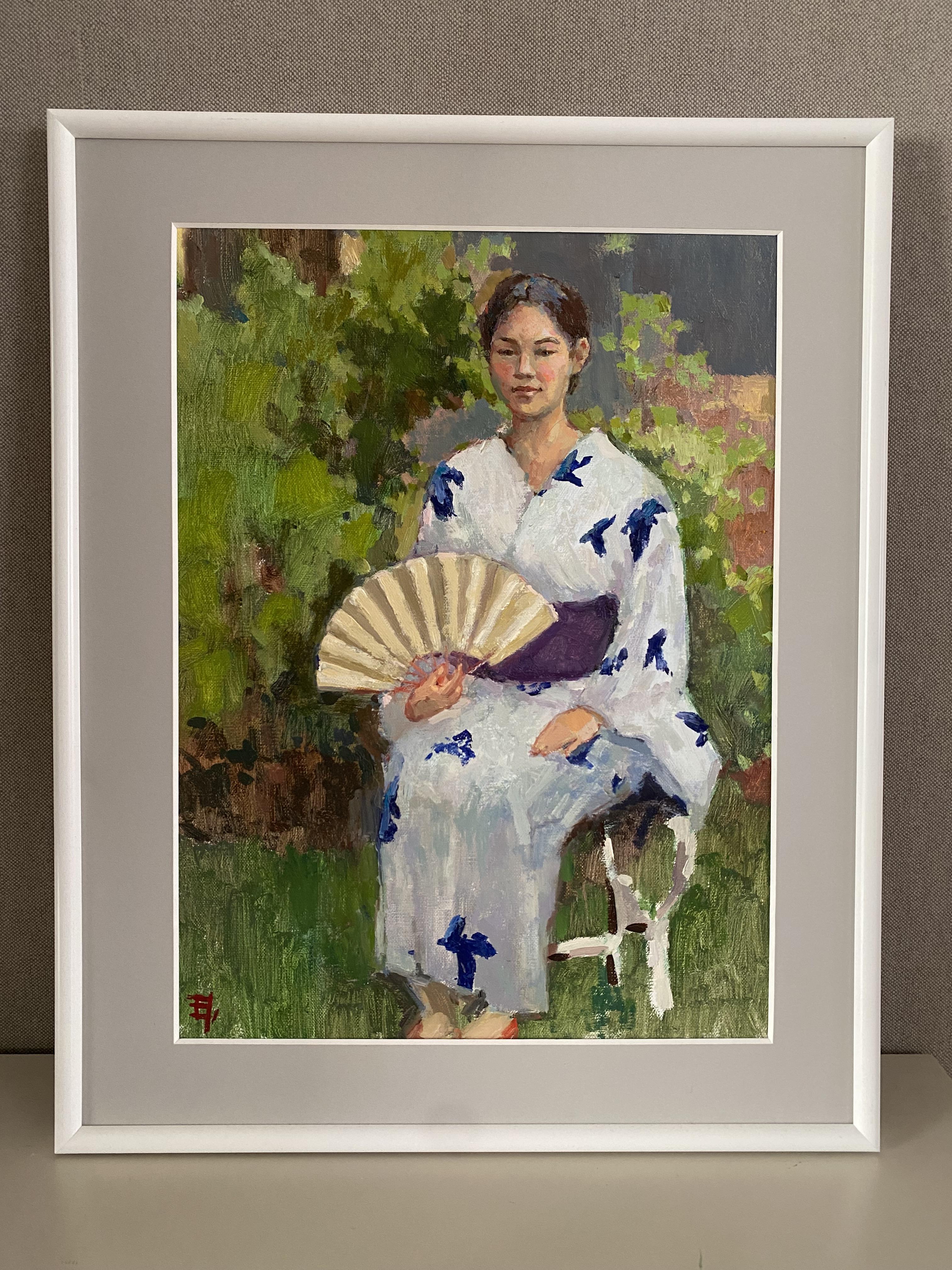 Une fille japonaise avec un éventail, impressionnisme, huile sur toile, prête à être exposée, intérieur en vente 1
