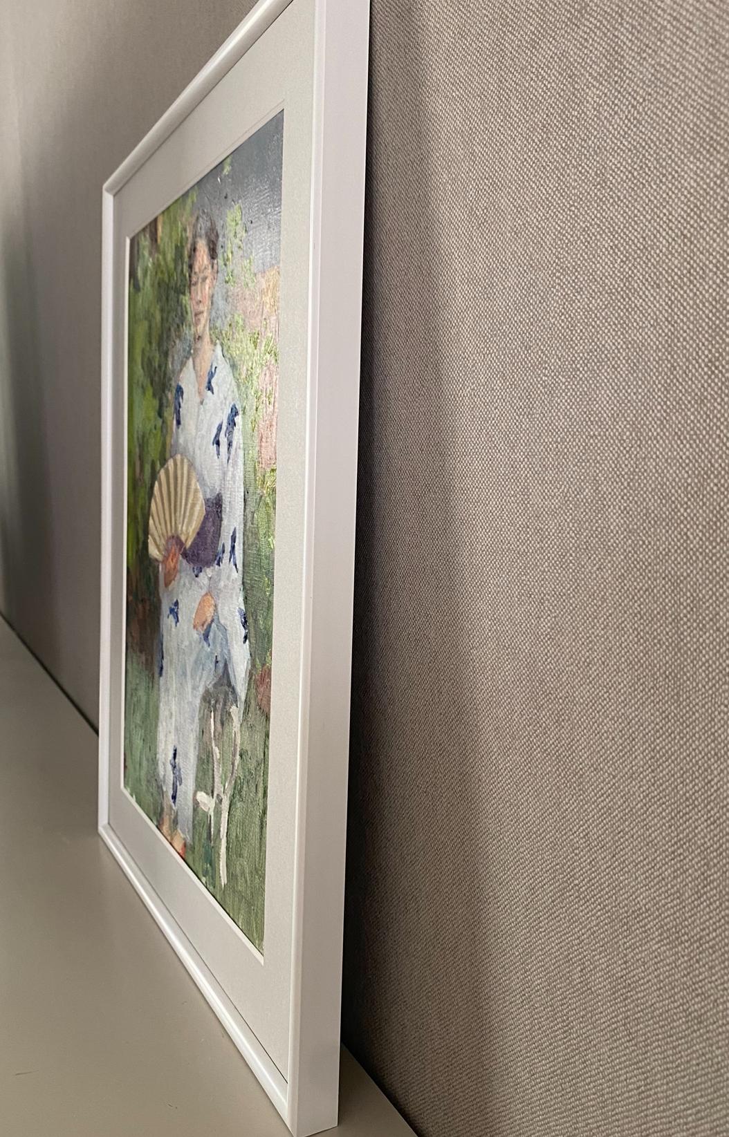 Une fille japonaise avec un éventail, impressionnisme, huile sur toile, prête à être exposée, intérieur en vente 2