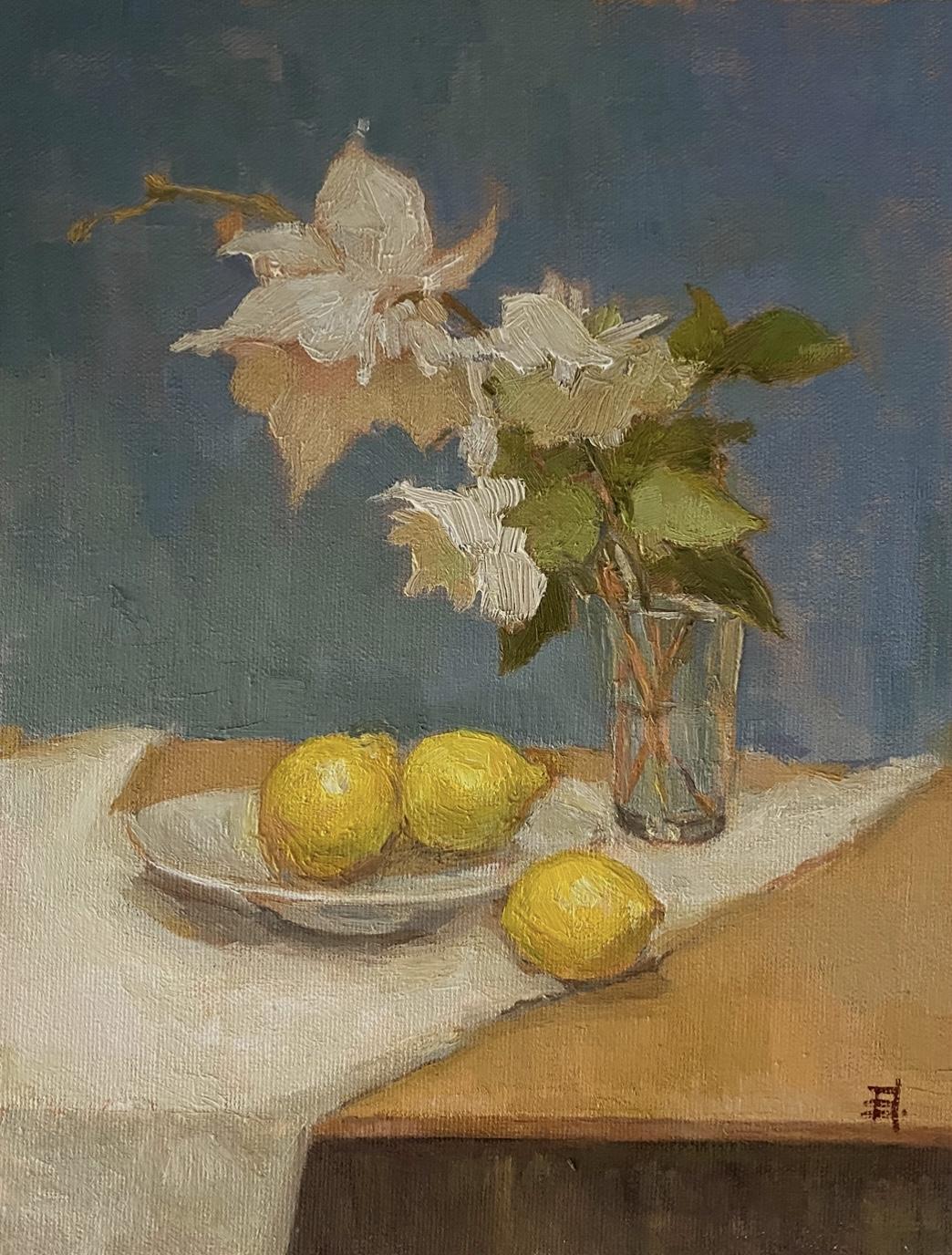 Still-Life Painting de Elena Bulatova - Limones y flores blancas, bodegón, Impresionismo, óleo sobre lienzo, diseño mural