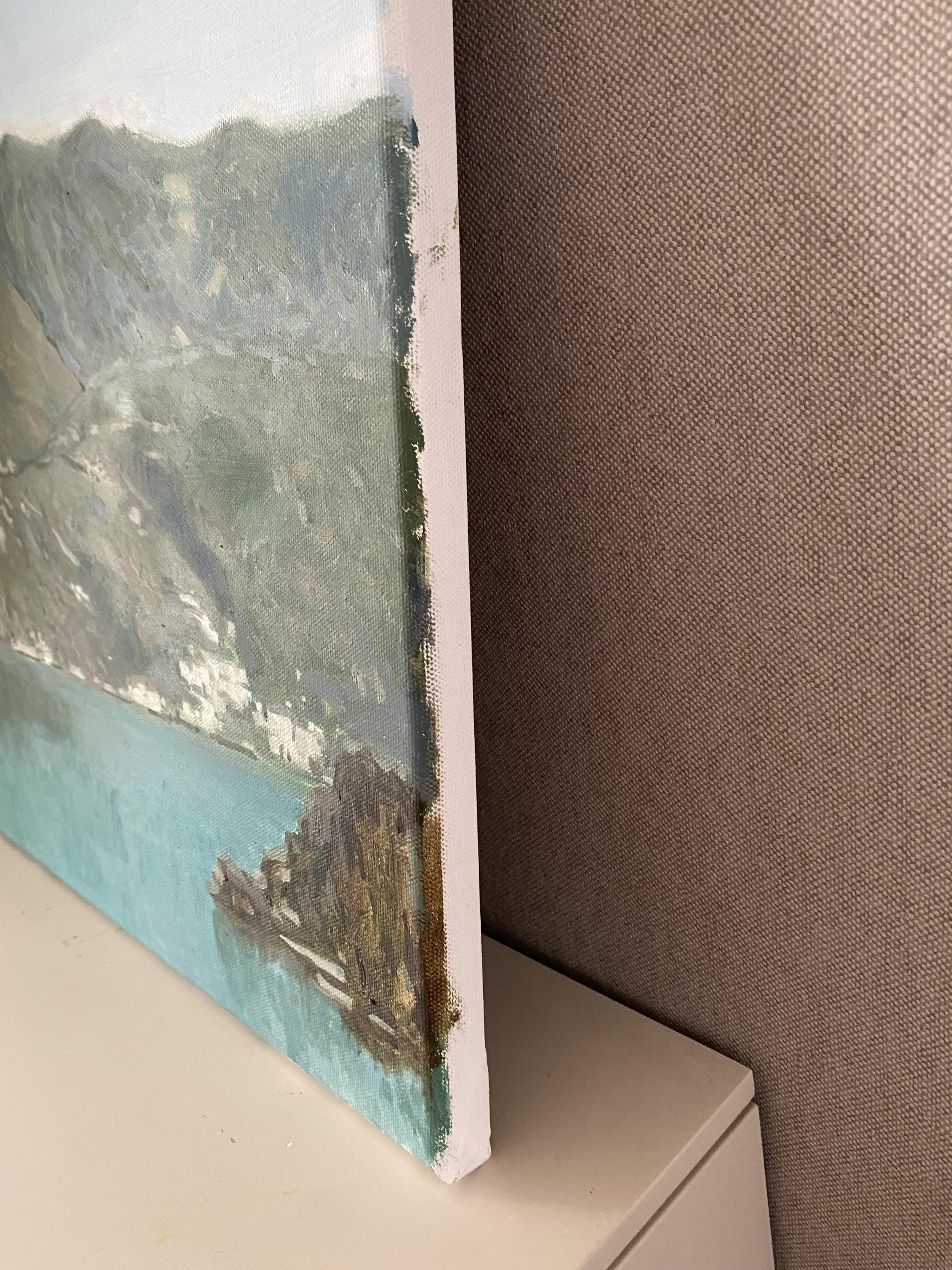 Blick auf den Luganer See. Kunstwand Landschaft, Schweizer See, Berg, Originalgemälde im Angebot 5