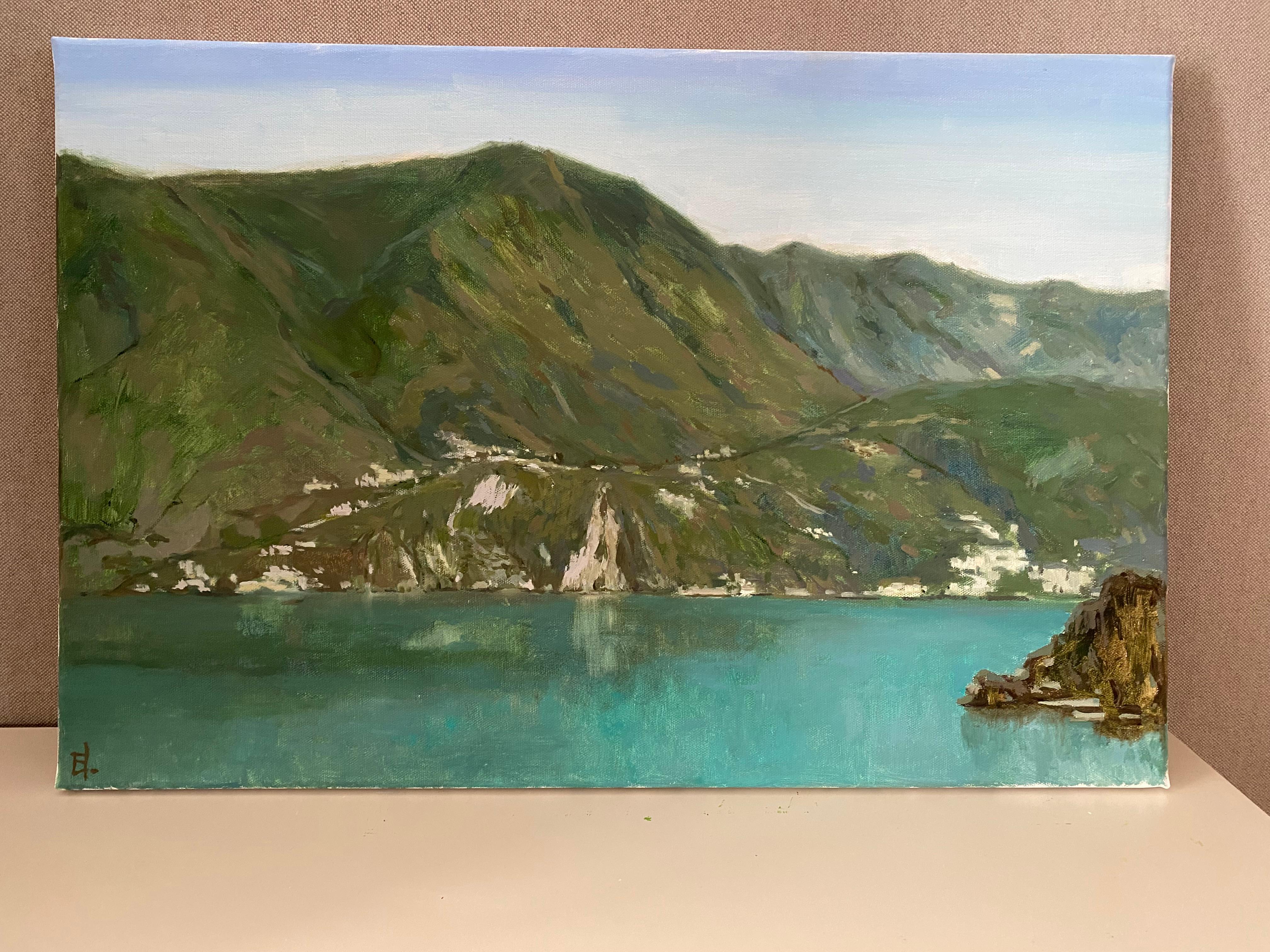 Blick auf den Luganer See. Kunstwand Landschaft, Schweizer See, Berg, Originalgemälde – Painting von Elena Bulatova