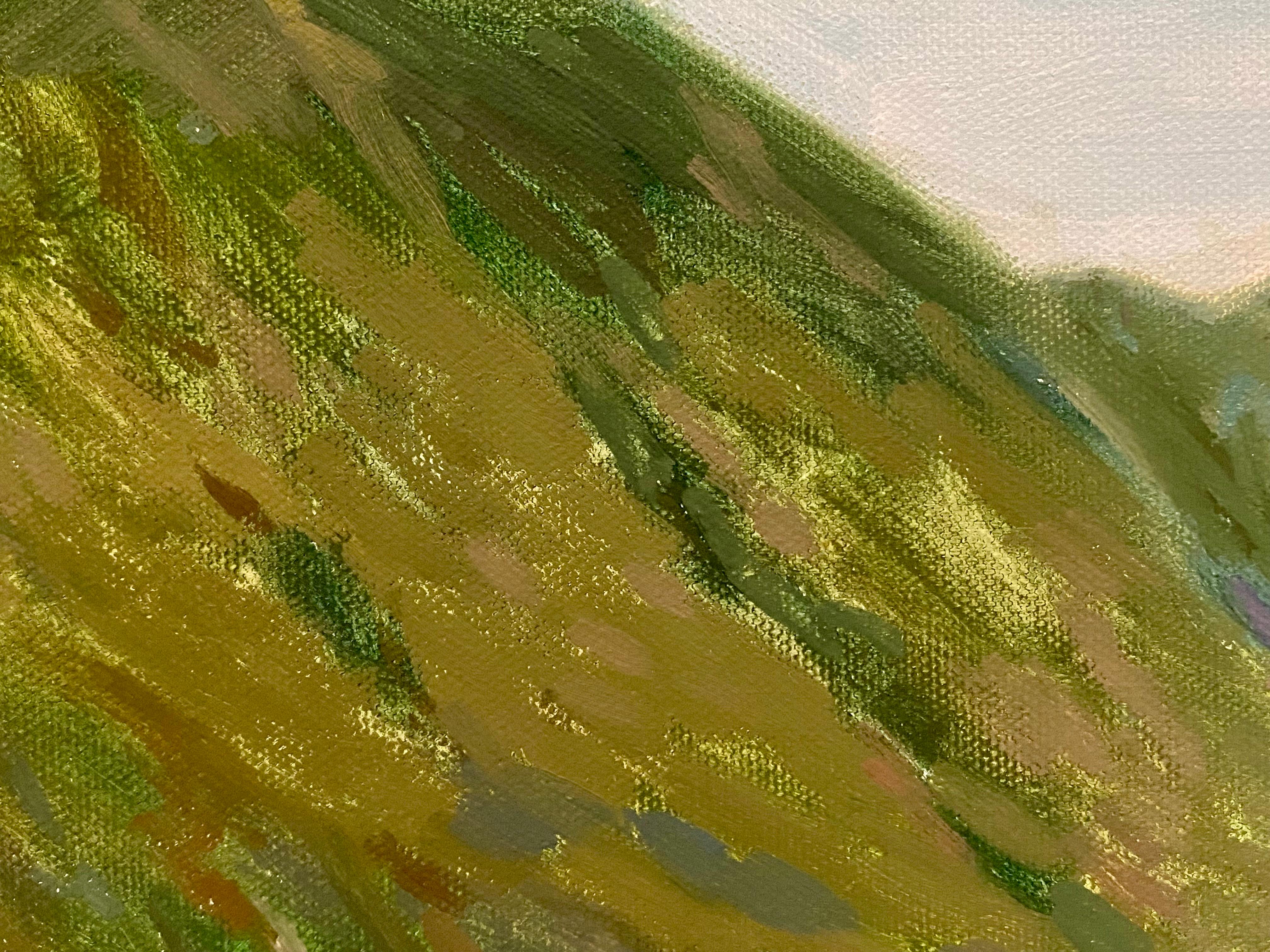 Blick auf den Luganer See. Kunstwand Landschaft, Schweizer See, Berg, Originalgemälde (Grau), Landscape Painting, von Elena Bulatova